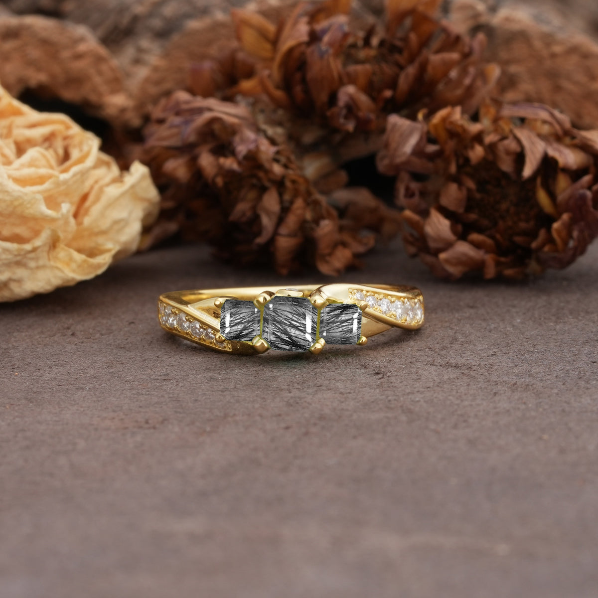 Classic Luxury 4-Prong Princess Cut Black Rutilated Quartz Three Stones Wedding Ring - Additional view