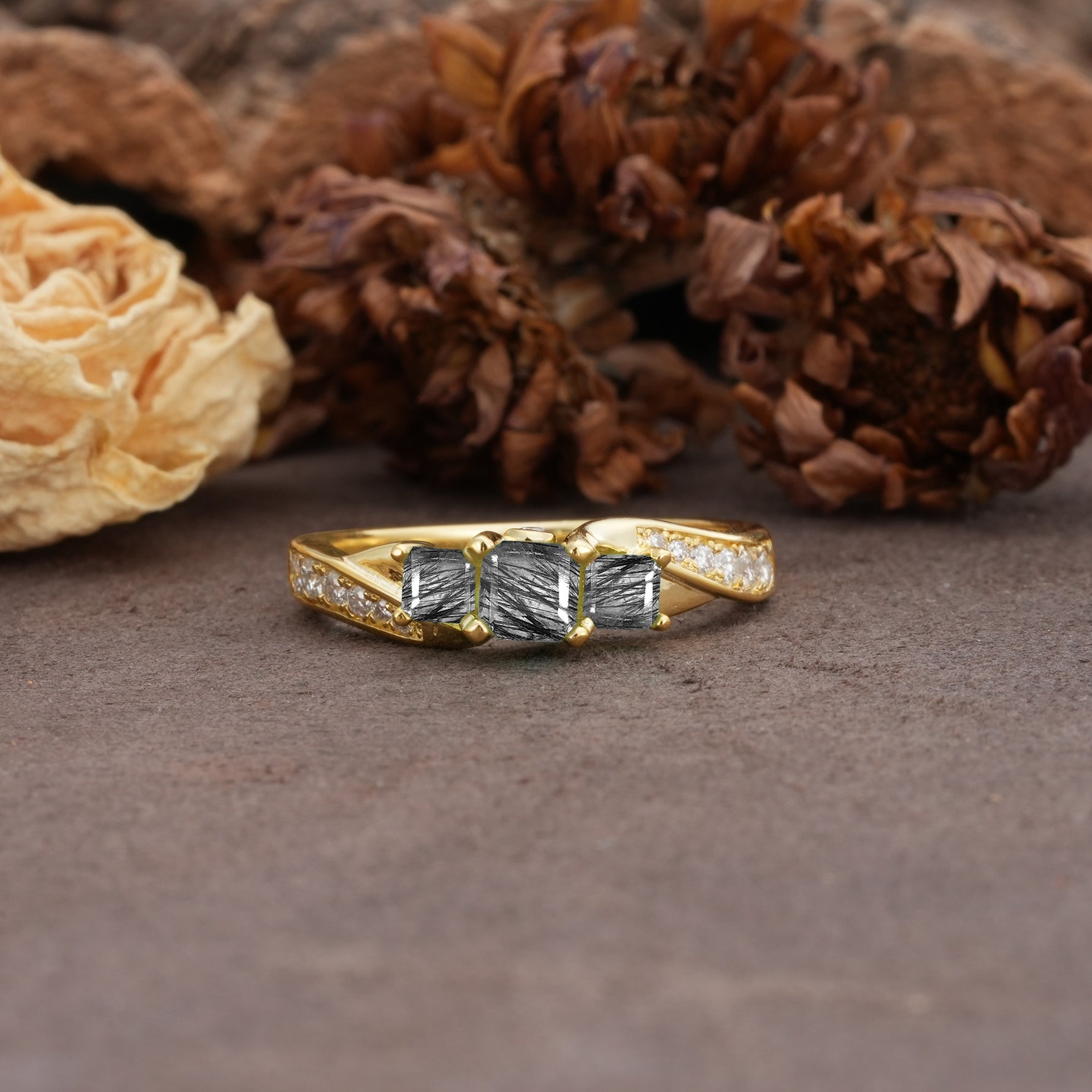 Classic Luxury 4-Prong Princess Cut Black Rutilated Quartz Three Stones Wedding Ring - Additional view