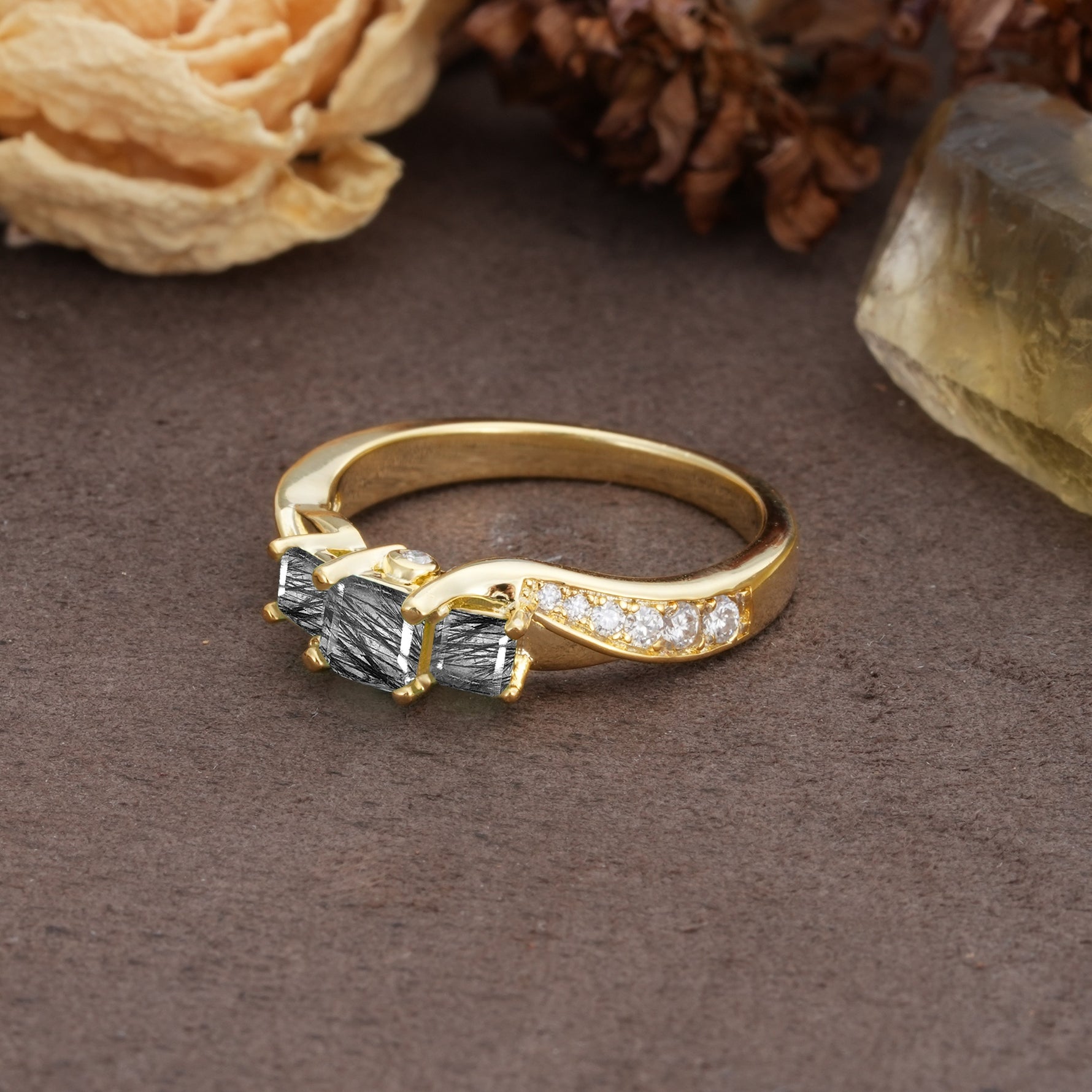 Classic Luxury 4-Prong Princess Cut Black Rutilated Quartz Three Stones Wedding Ring - Additional view