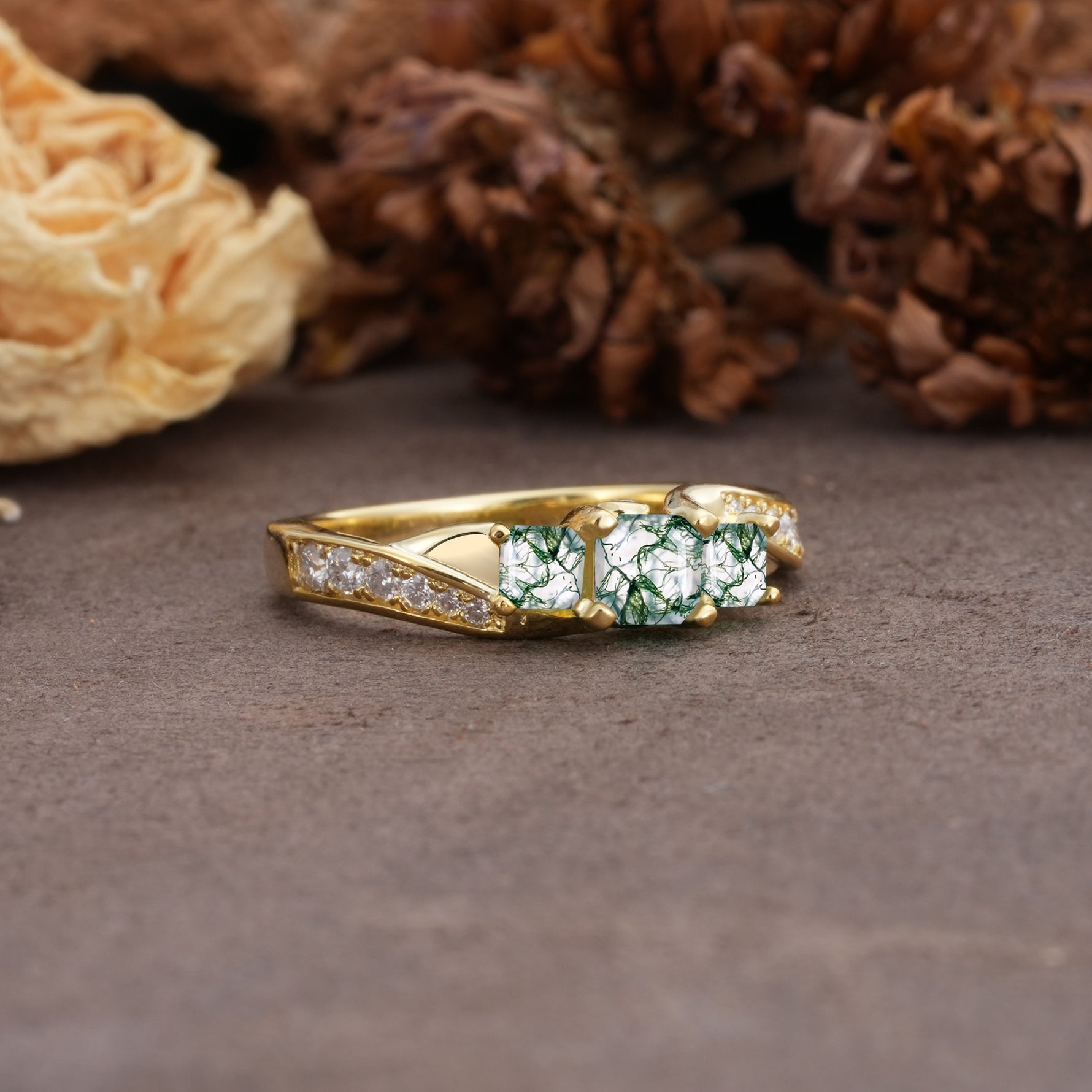 Classic Luxury 4-Prong Princess Cut Moss Agate Three Stones Wedding Ring - Additional view