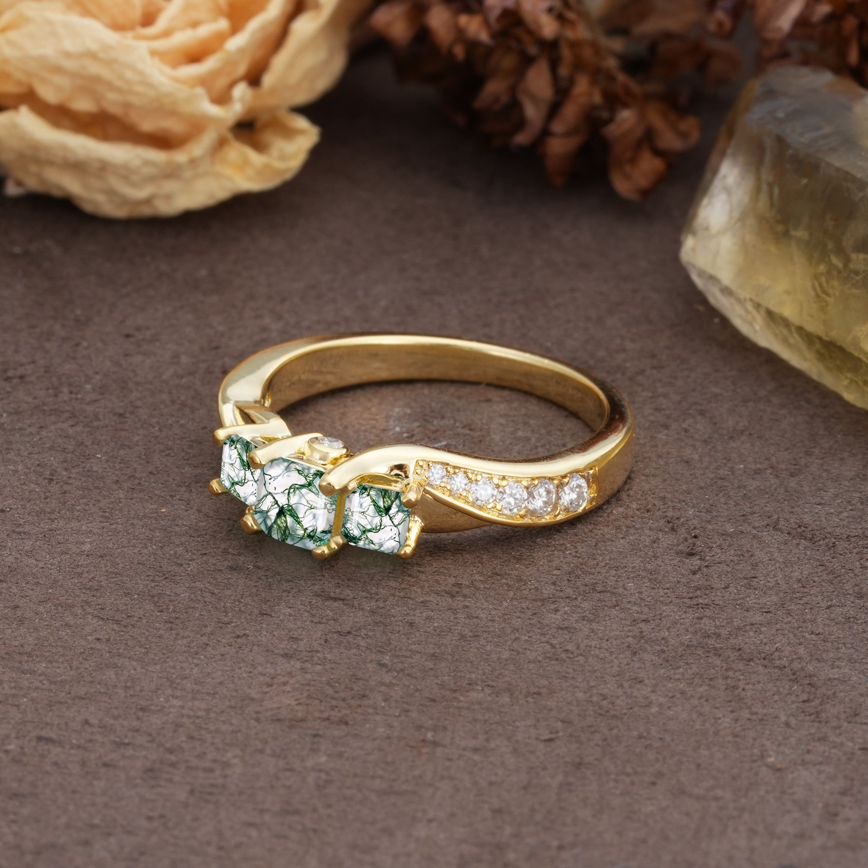 Classic Luxury 4-Prong Princess Cut Moss Agate Three Stones Wedding Ring - Additional view
