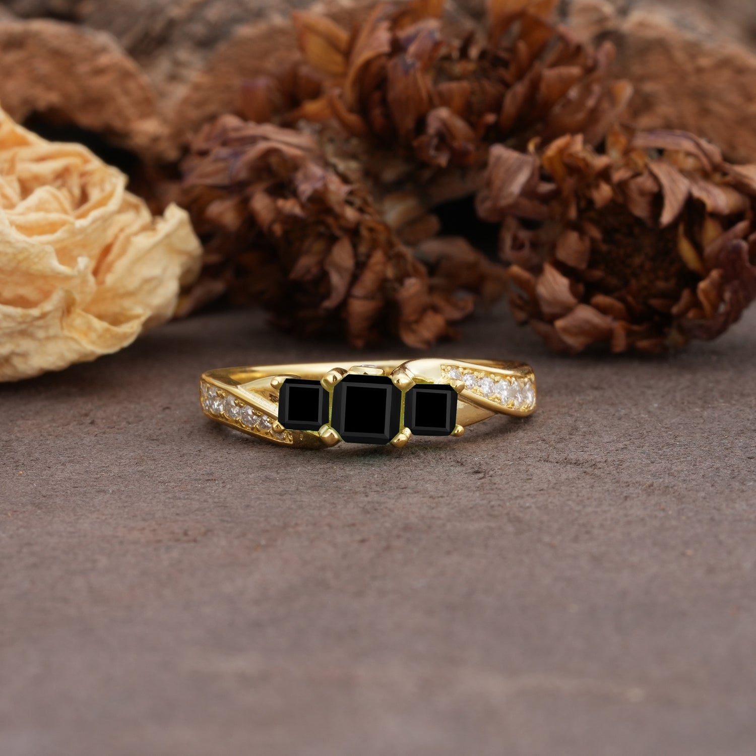 Classic Luxury 4-Prong Princess Cut Black Onyx Three Stones Wedding Ring - Additional view