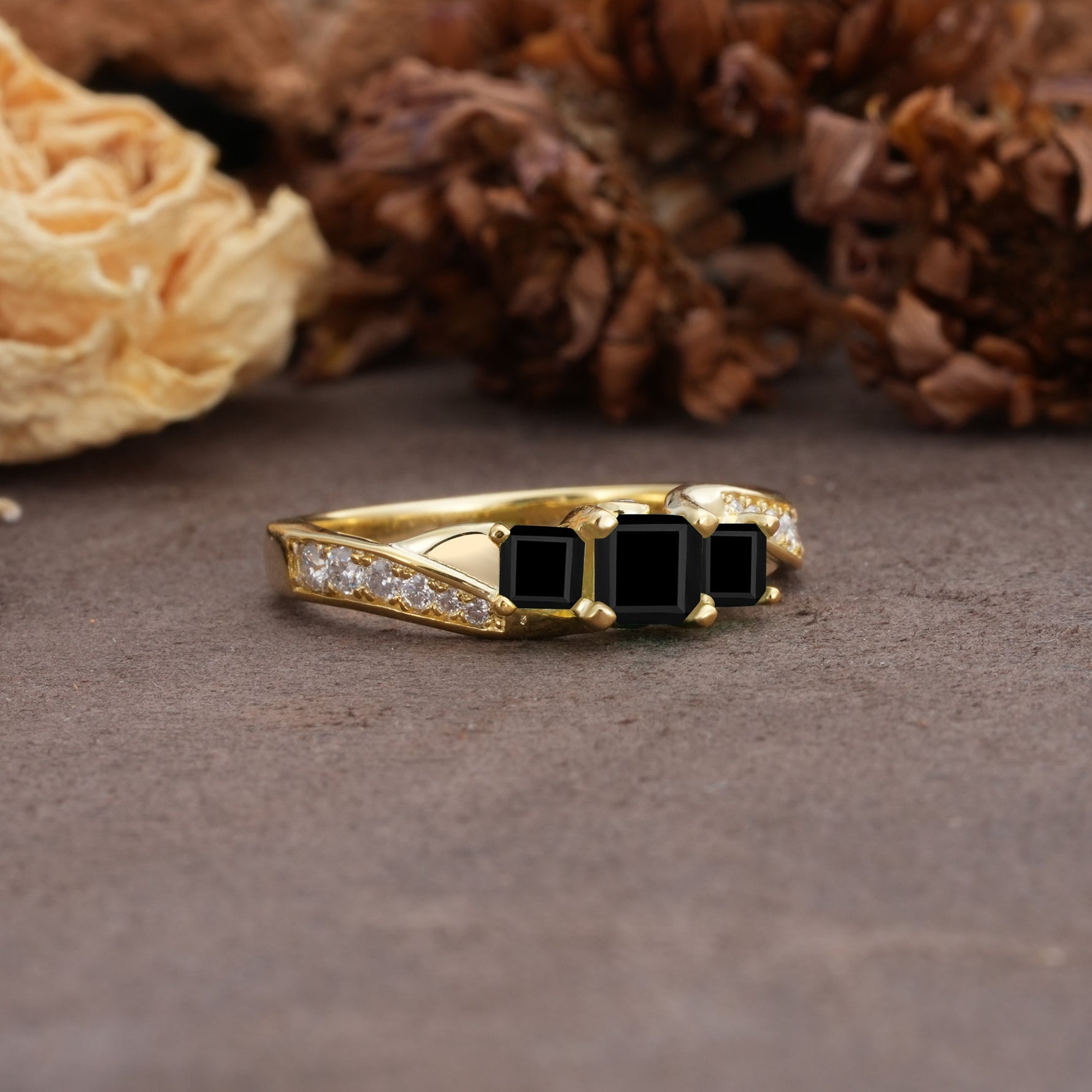Classic Luxury 4-Prong Princess Cut Black Onyx Three Stones Wedding Ring - Additional view