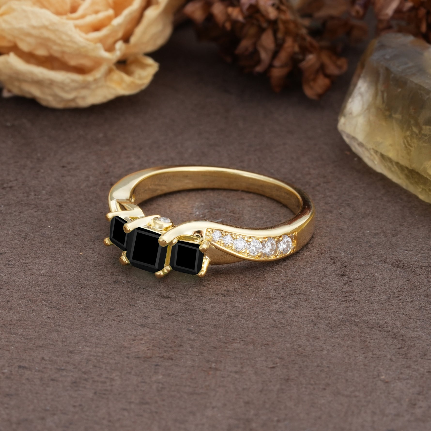 Classic Luxury 4-Prong Princess Cut Black Onyx Three Stones Wedding Ring - Additional view