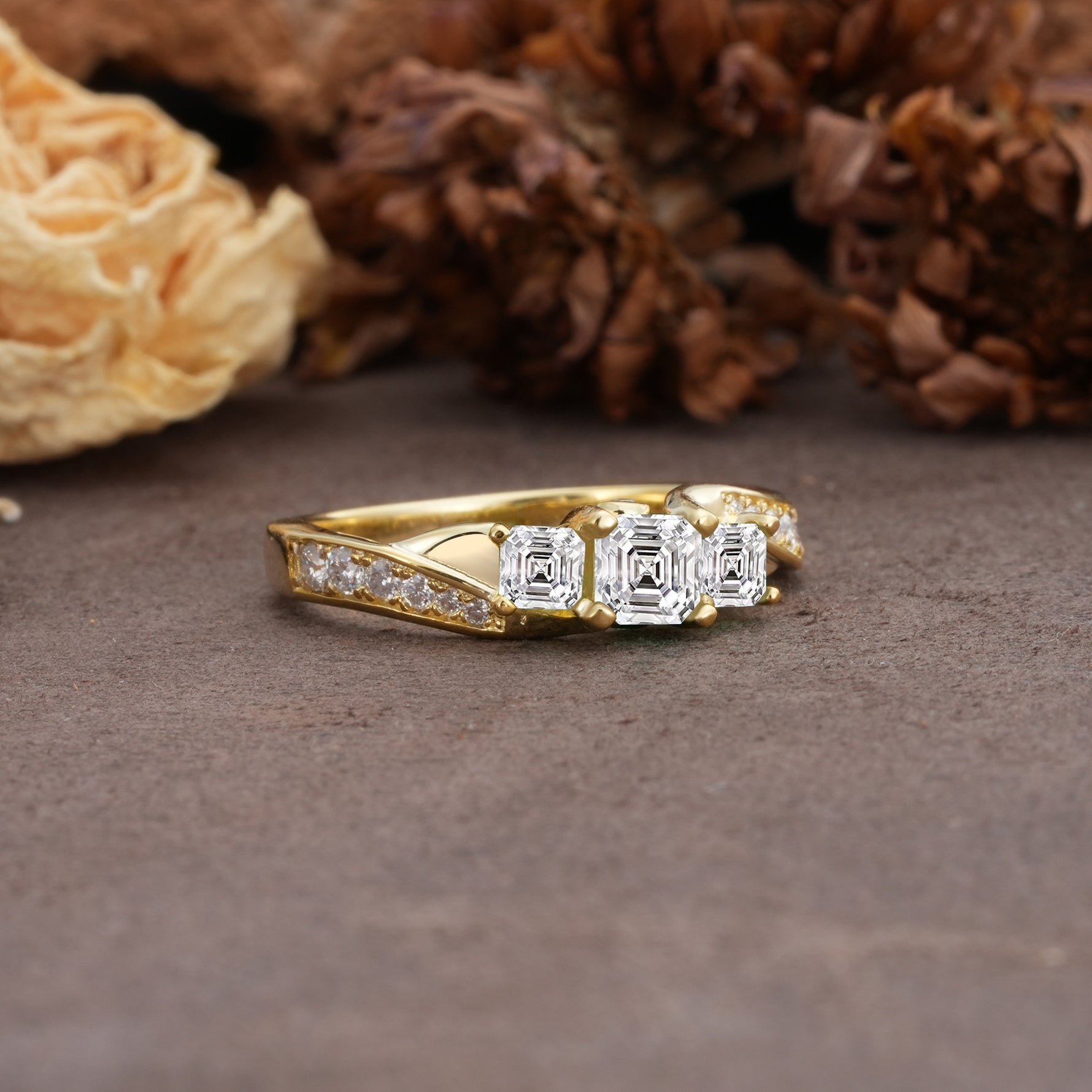 Classic Luxury 4-Prong Princess Cut Lab Diamond Three Stones Wedding Ring - Additional view