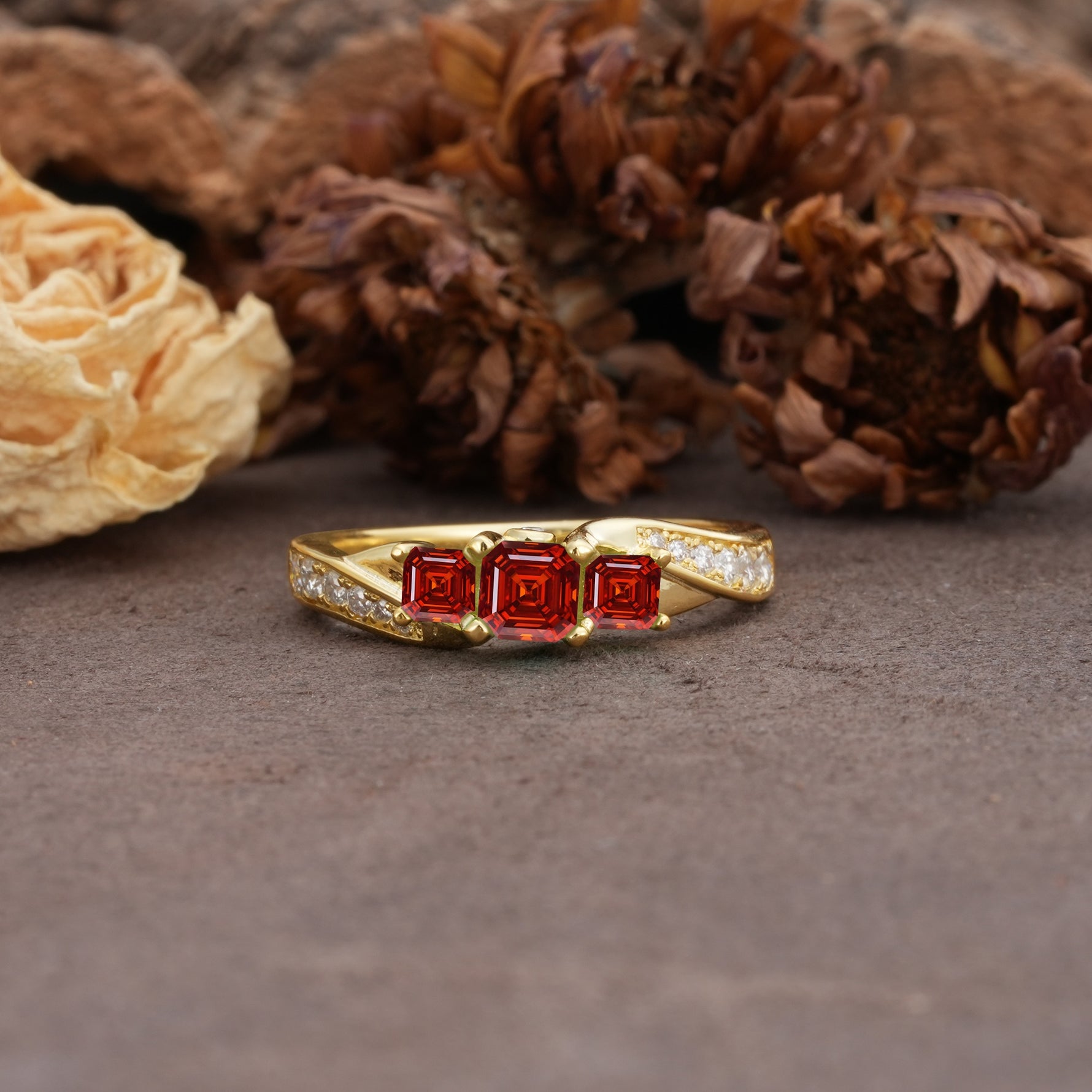 Classic Luxury 4-Prong Princess Cut Garnet Three Stones Wedding Ring - Additional view