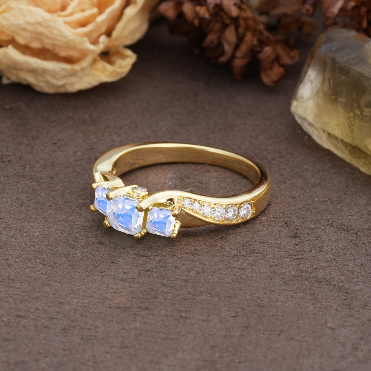 Classic Luxury 4-Prong Princess Cut Moonstone Three Stones Wedding Ring - Additional view