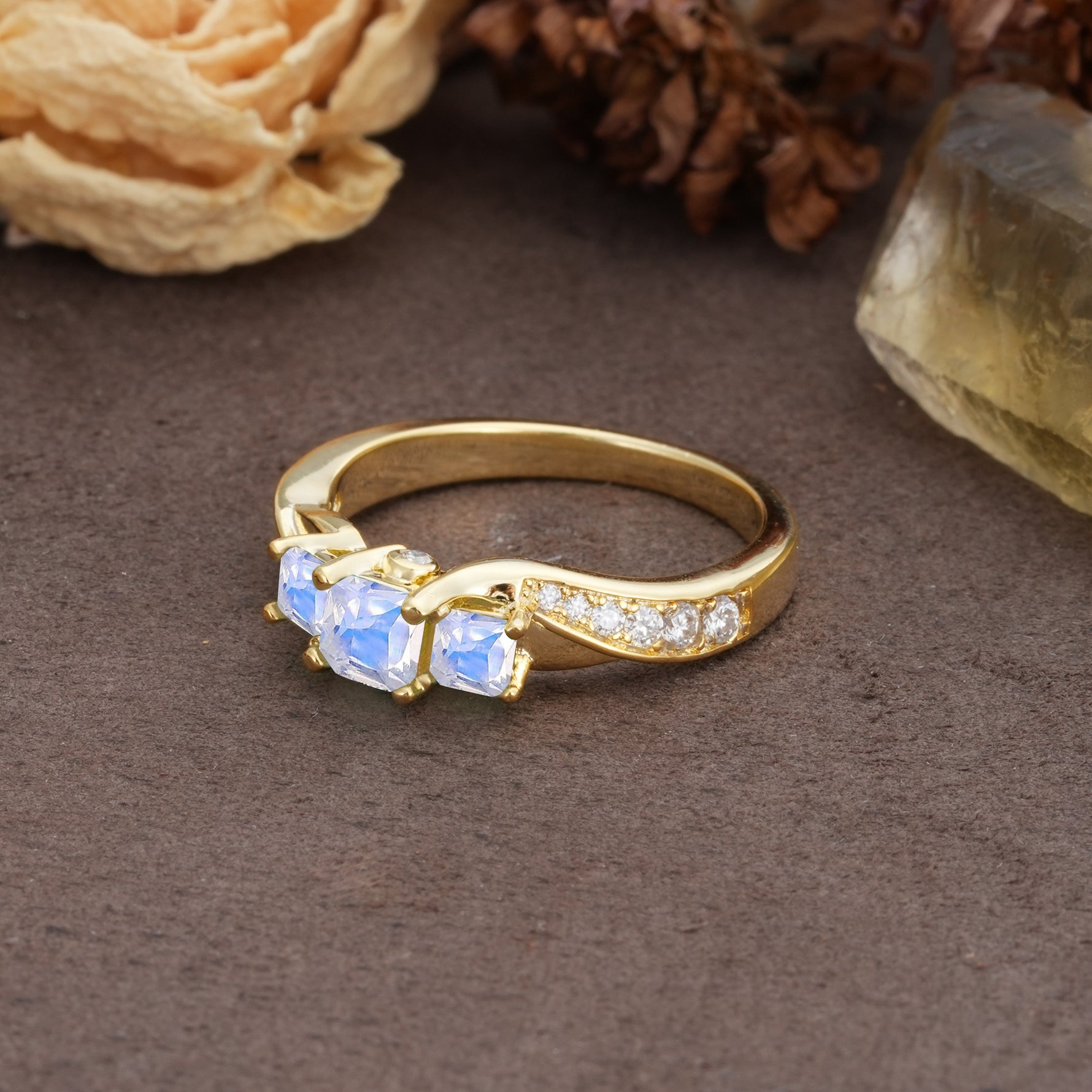 Classic Luxury 4-Prong Princess Cut Moonstone Three Stones Wedding Ring - Additional view