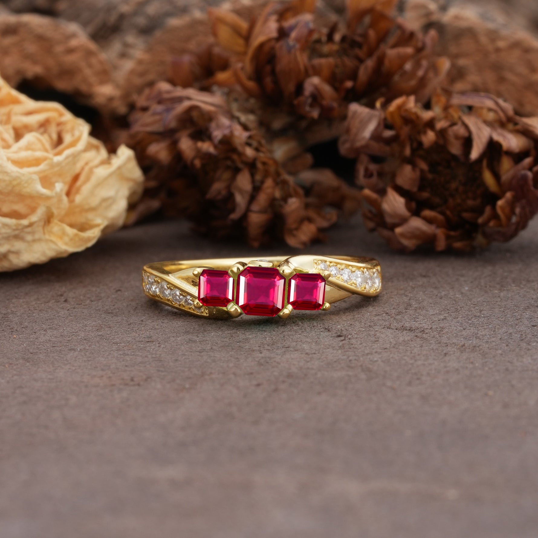Classic Luxury 4-Prong Princess Cut Ruby Three Stones Wedding Ring - Additional view