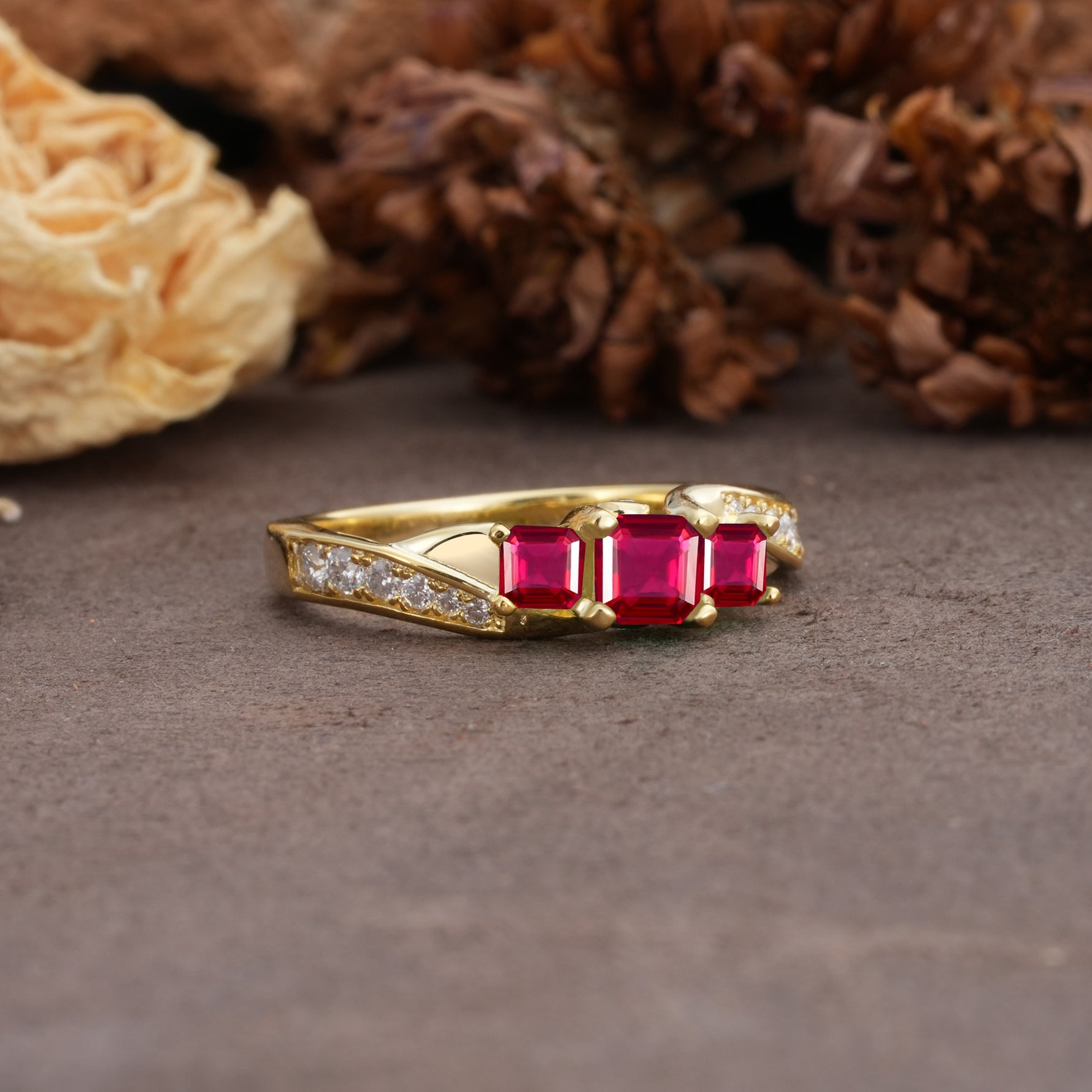 Classic Luxury 4-Prong Princess Cut Ruby Three Stones Wedding Ring - Additional view