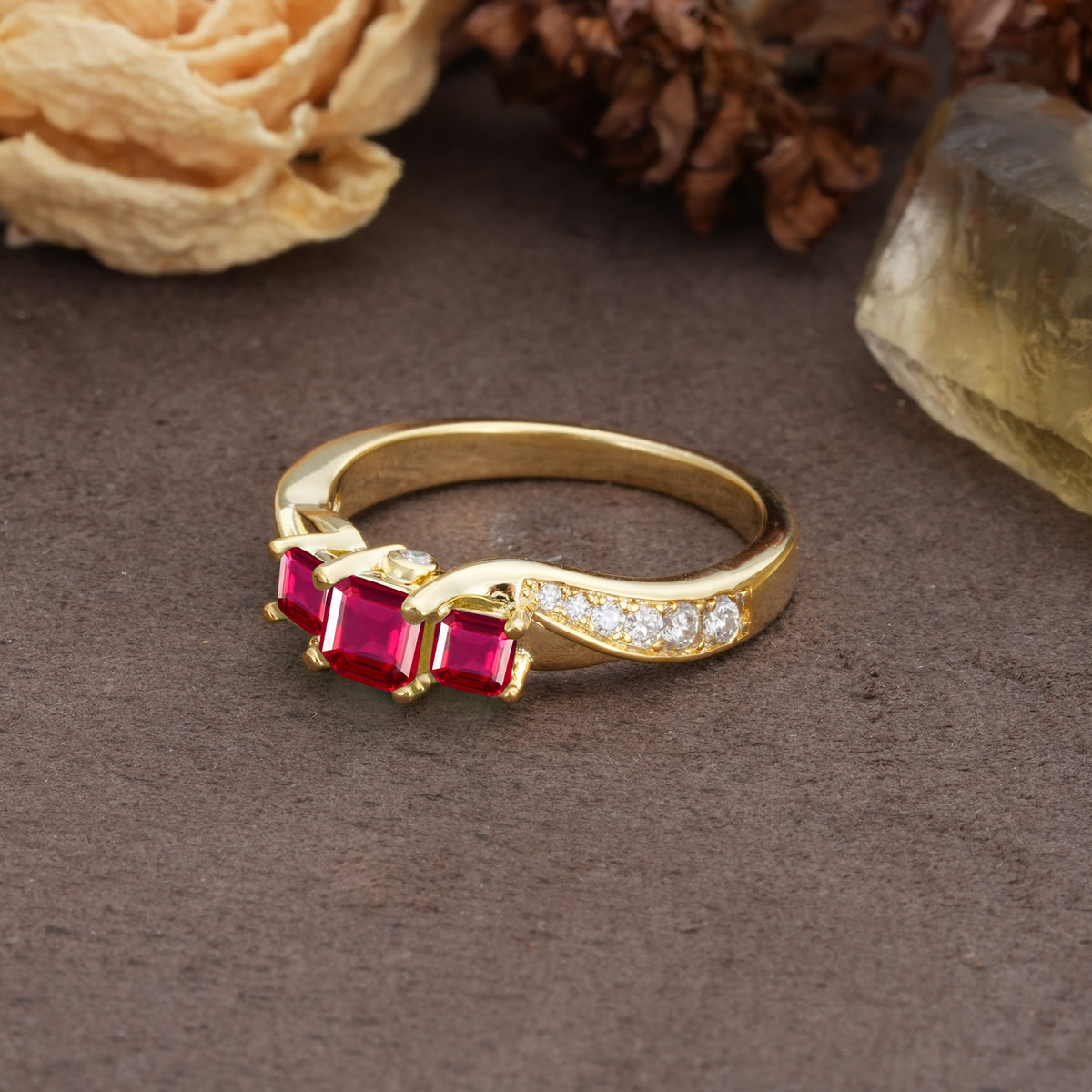 Classic Luxury 4-Prong Princess Cut Ruby Three Stones Wedding Ring - Additional view