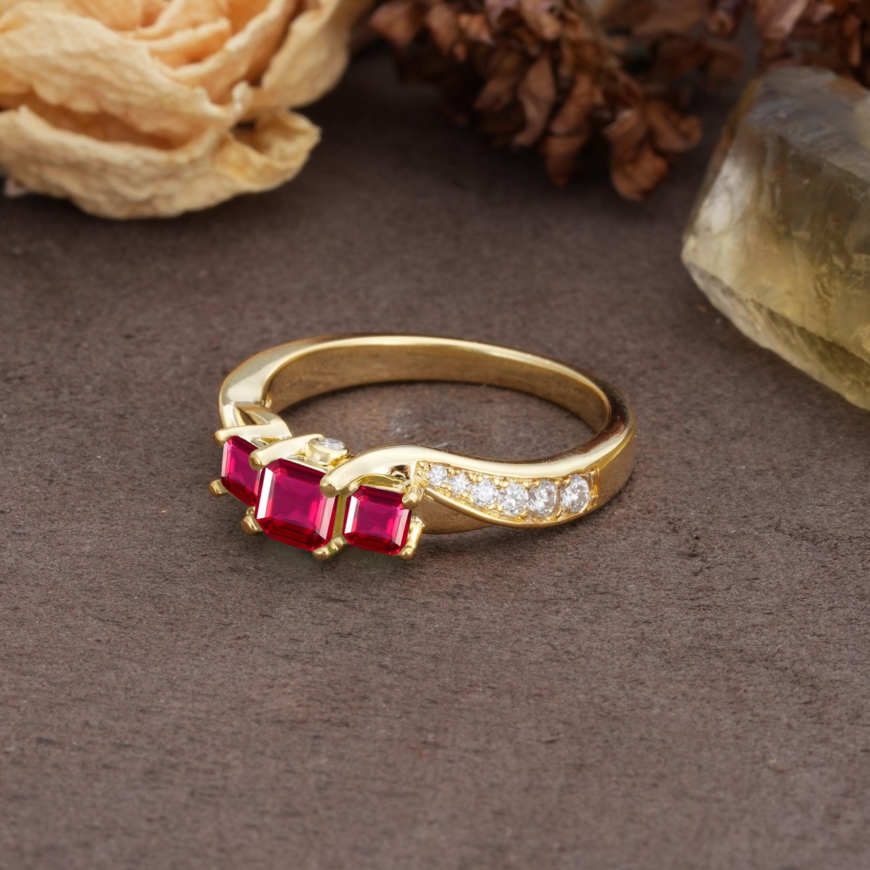 Classic Luxury 4-Prong Princess Cut Ruby Three Stones Wedding Ring - Additional view