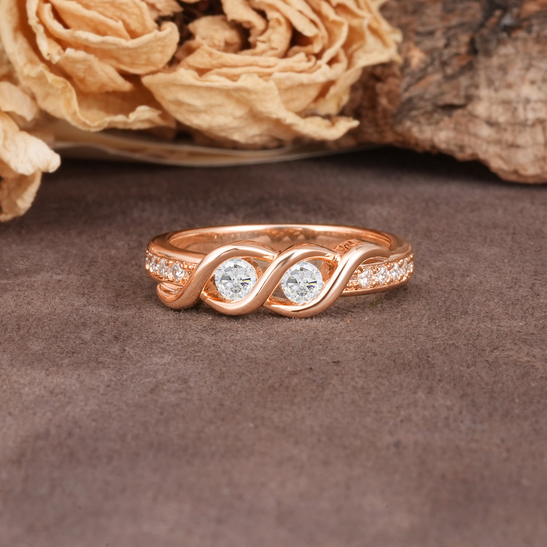 Unique Twisted and Intertwined Double Round Cut Moissanite Two-Stone Wedding Ring - Additional view