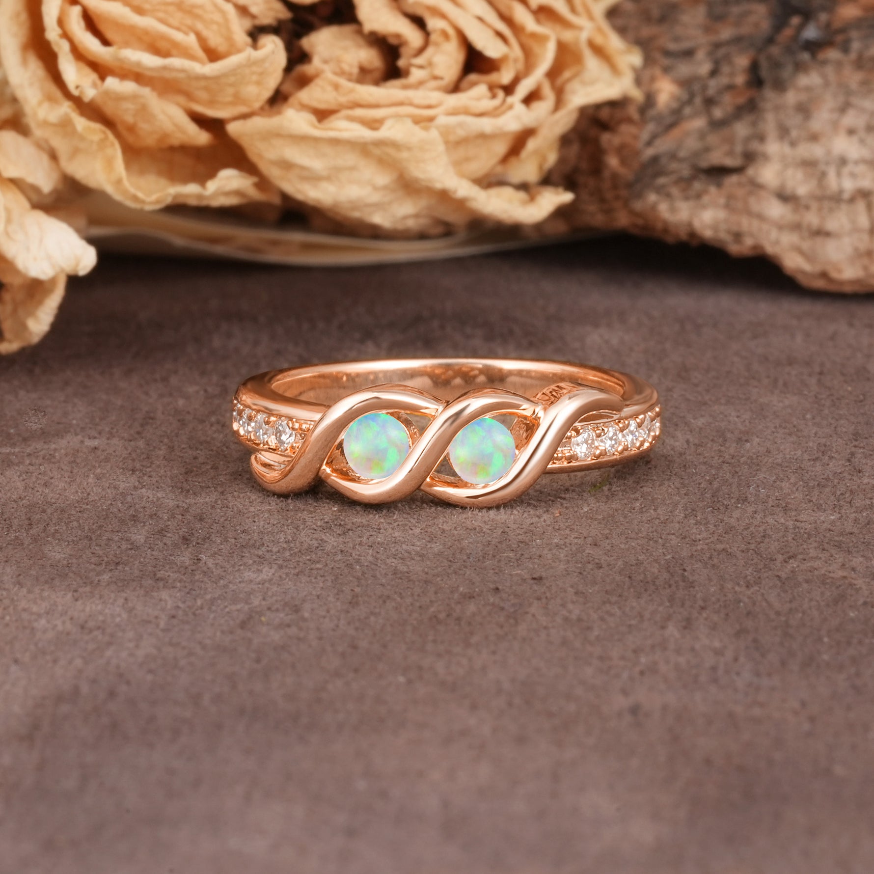 Unique Twisted and Intertwined Double Round Cut Fire Opal Two-Stone Wedding Ring - Additional view