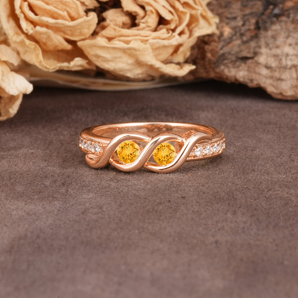 Unique Twisted and Intertwined Double Round Cut Citrine Two-Stone Wedding Ring - Additional view