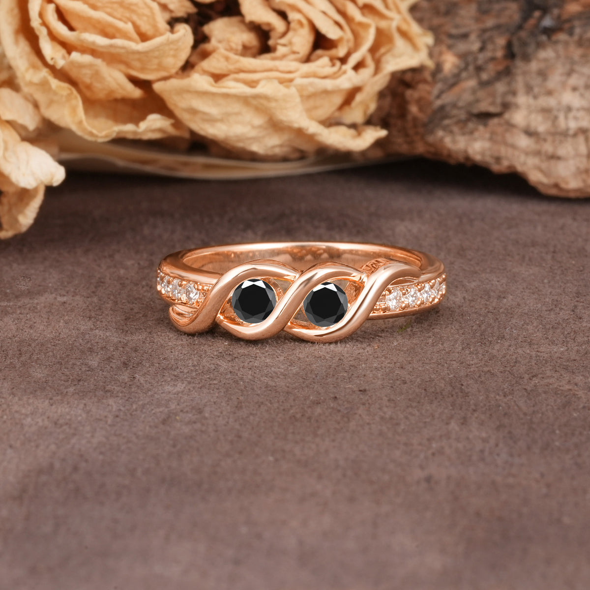 Unique Twisted and Intertwined Double Round Cut Black Onyx Two-Stone Wedding Ring - Additional view