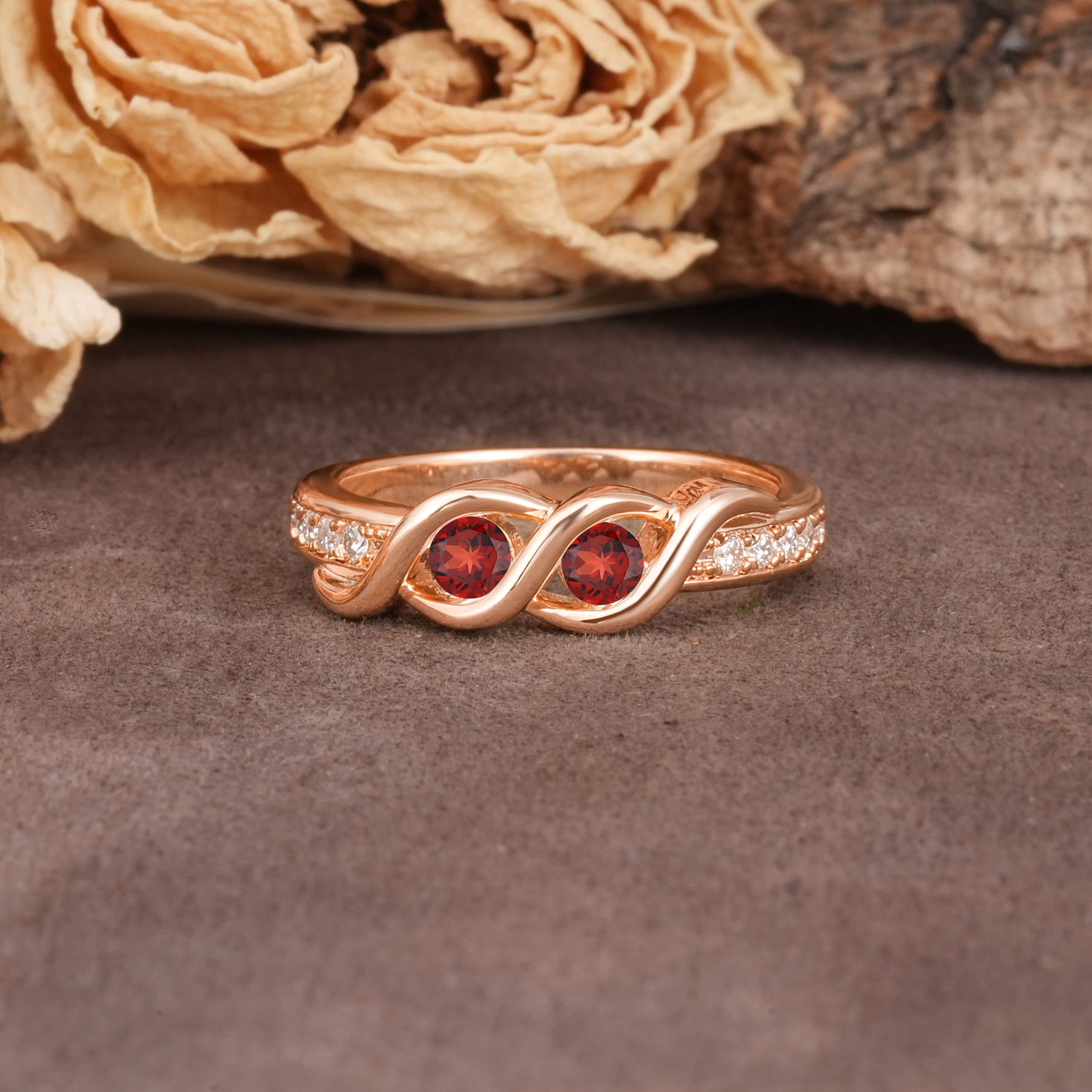 Unique Twisted and Intertwined Double Round Cut Garnet Two-Stone Wedding Ring - Additional view