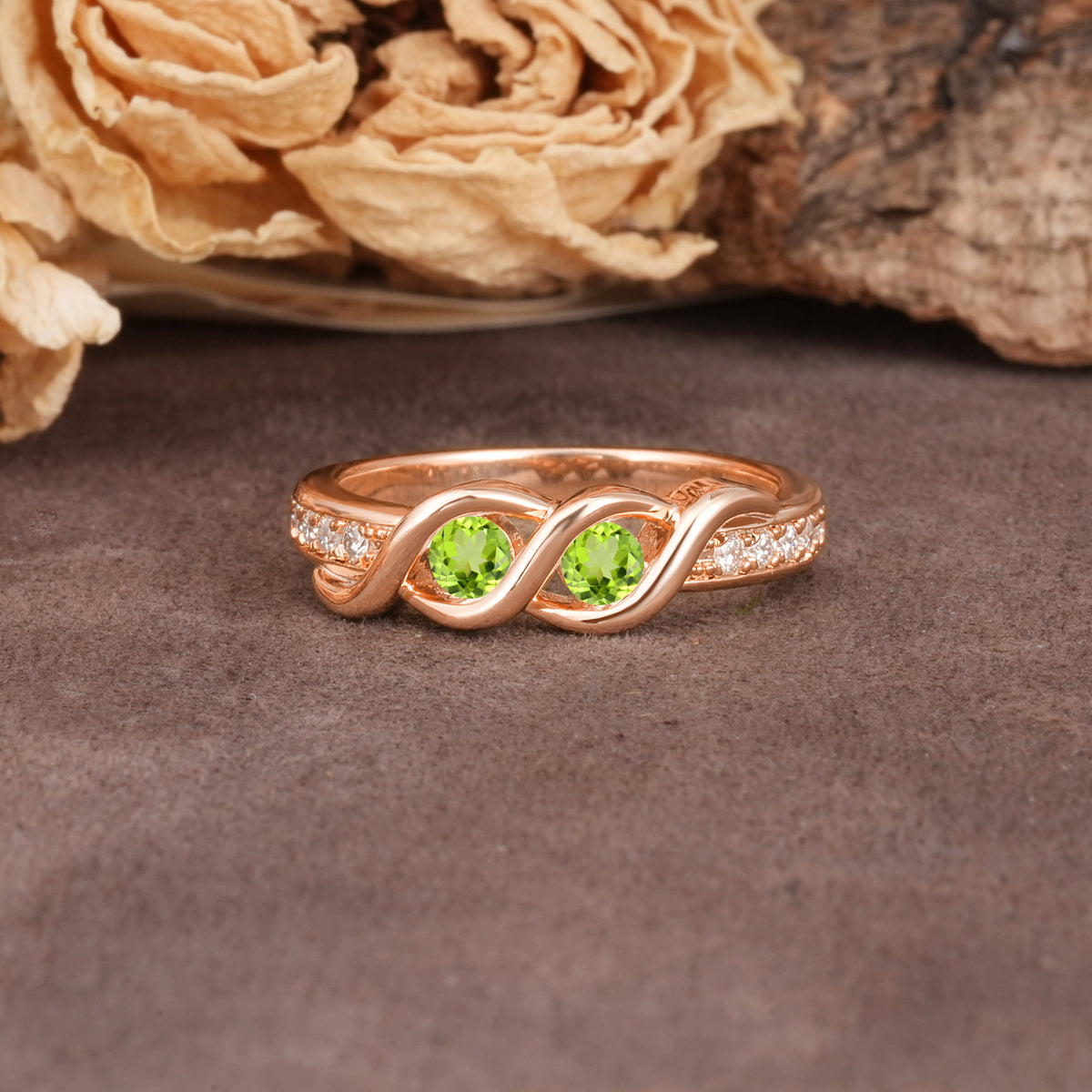 Unique Twisted and Intertwined Double Round Cut Peridot Two-Stone Wedding Ring - Additional view