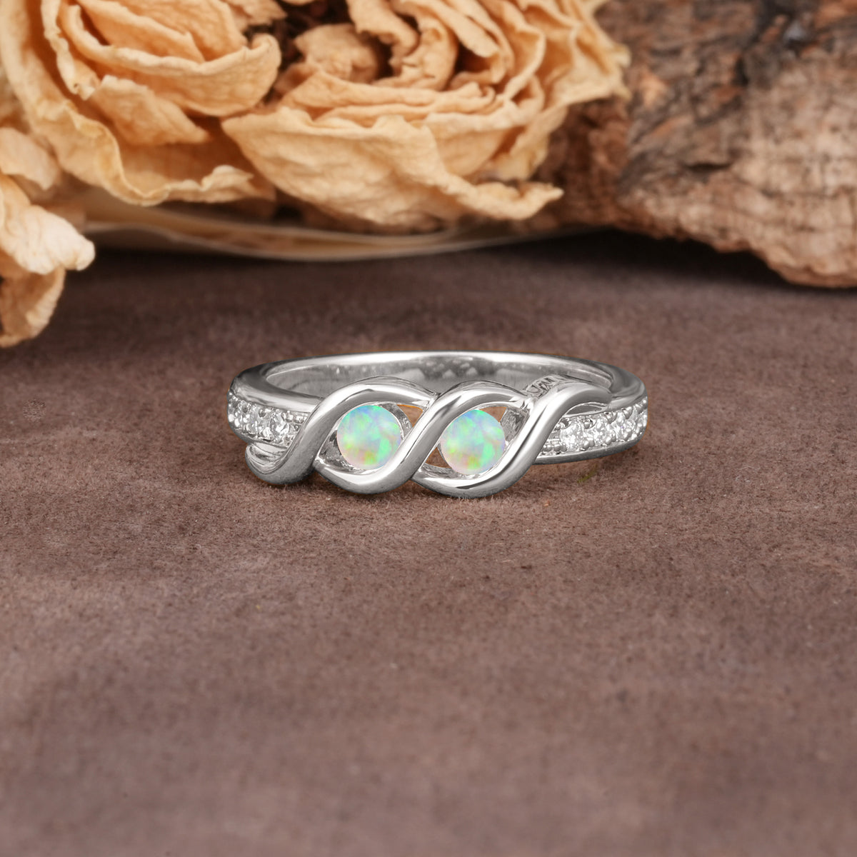 Unique Twisted and Intertwined Double Round Cut Fire Opal Two-Stone Wedding Ring - Additional view