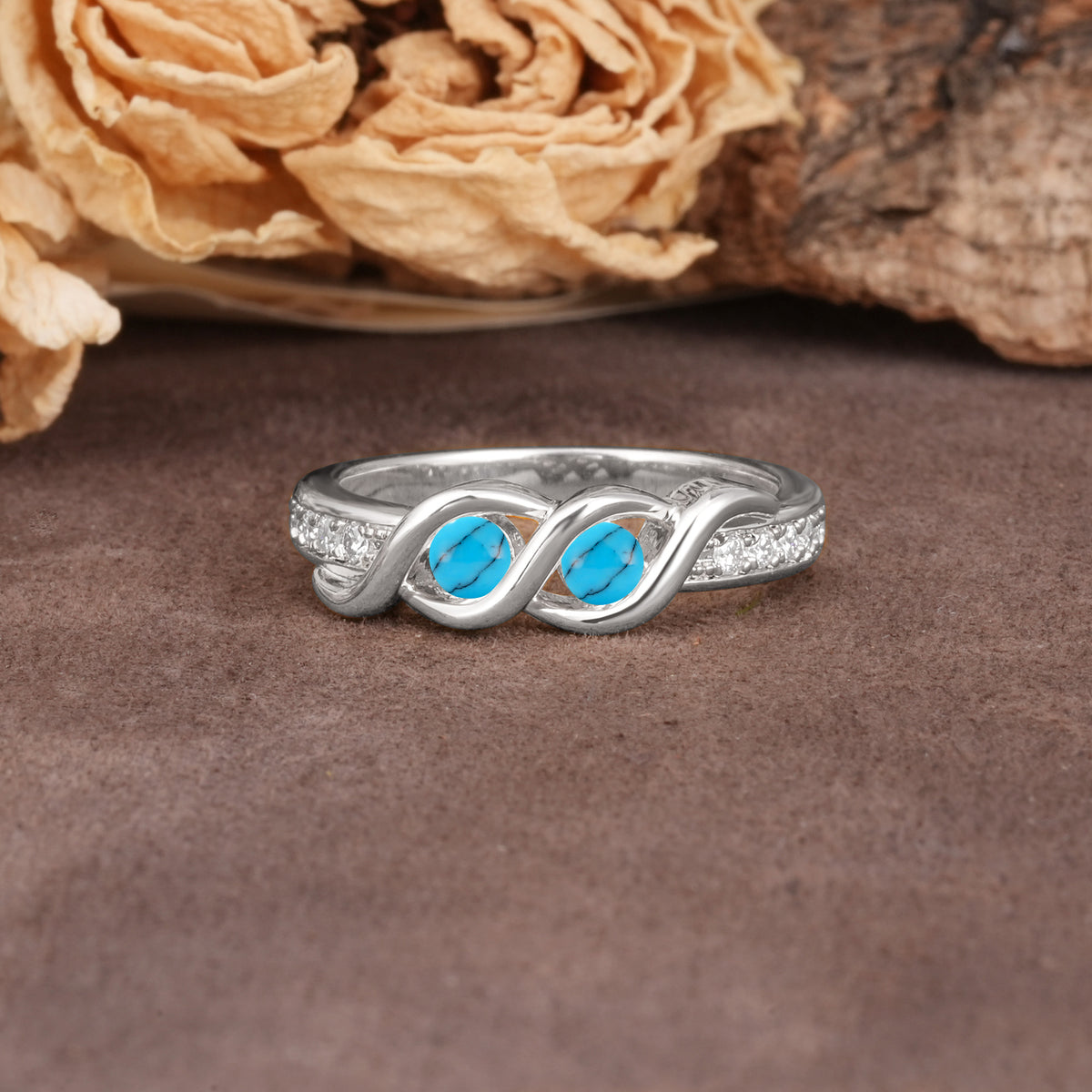 Unique Twisted and Intertwined Double Round Cut Turquoise Two-Stone Wedding Ring - Additional view