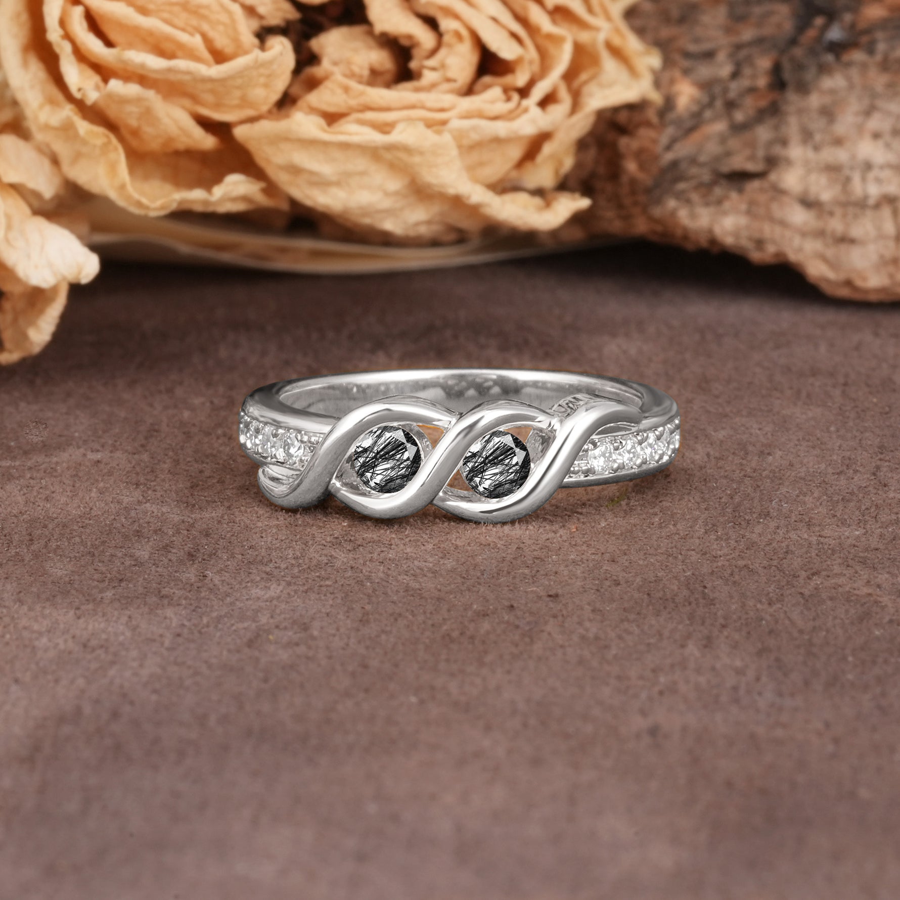 Unique Twisted and Intertwined Double Round Cut Black Rutilated Quartz Two-Stone Wedding Ring - Additional view