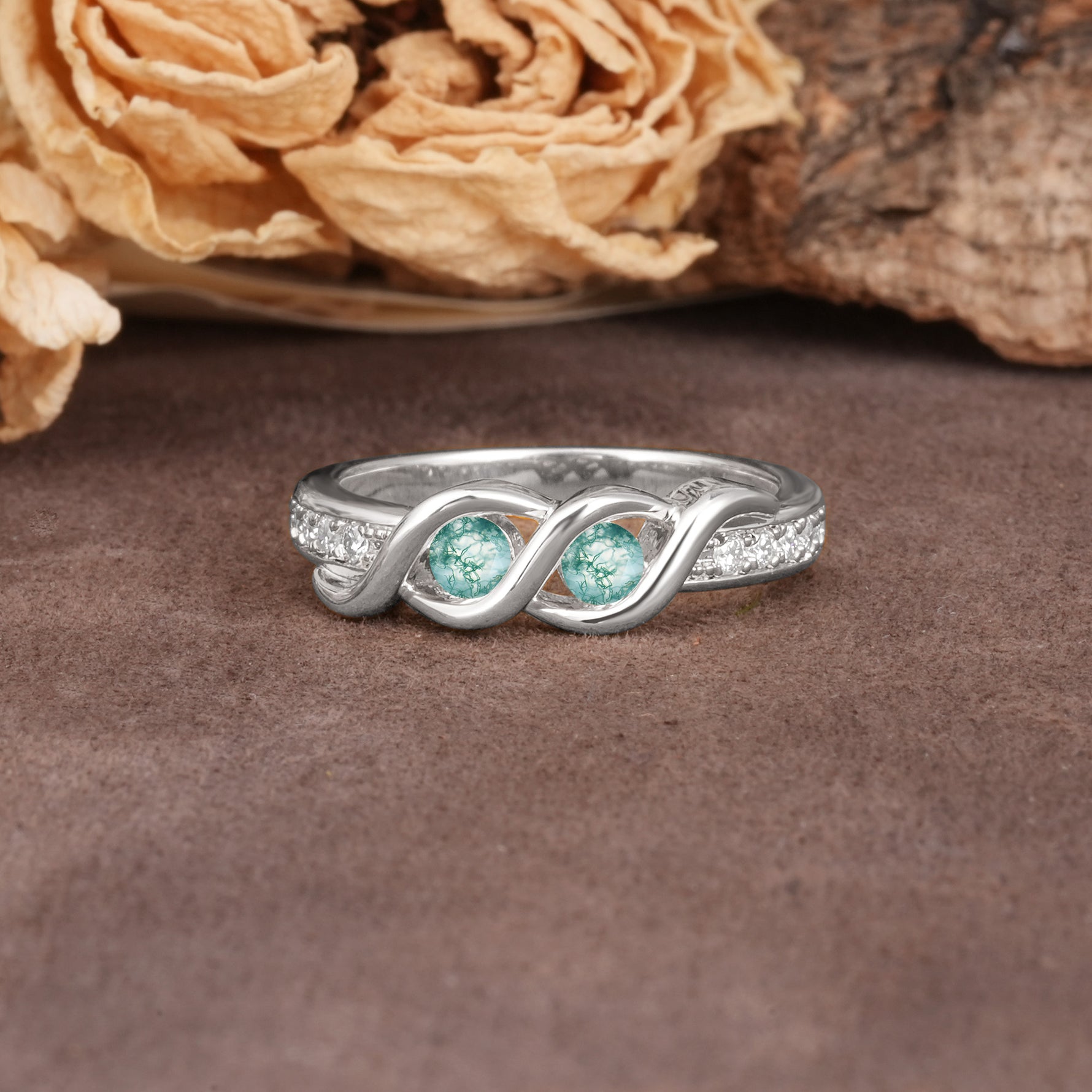 Unique Twisted and Intertwined Double Round Cut Moss Agate Two-Stone Wedding Ring - Additional view