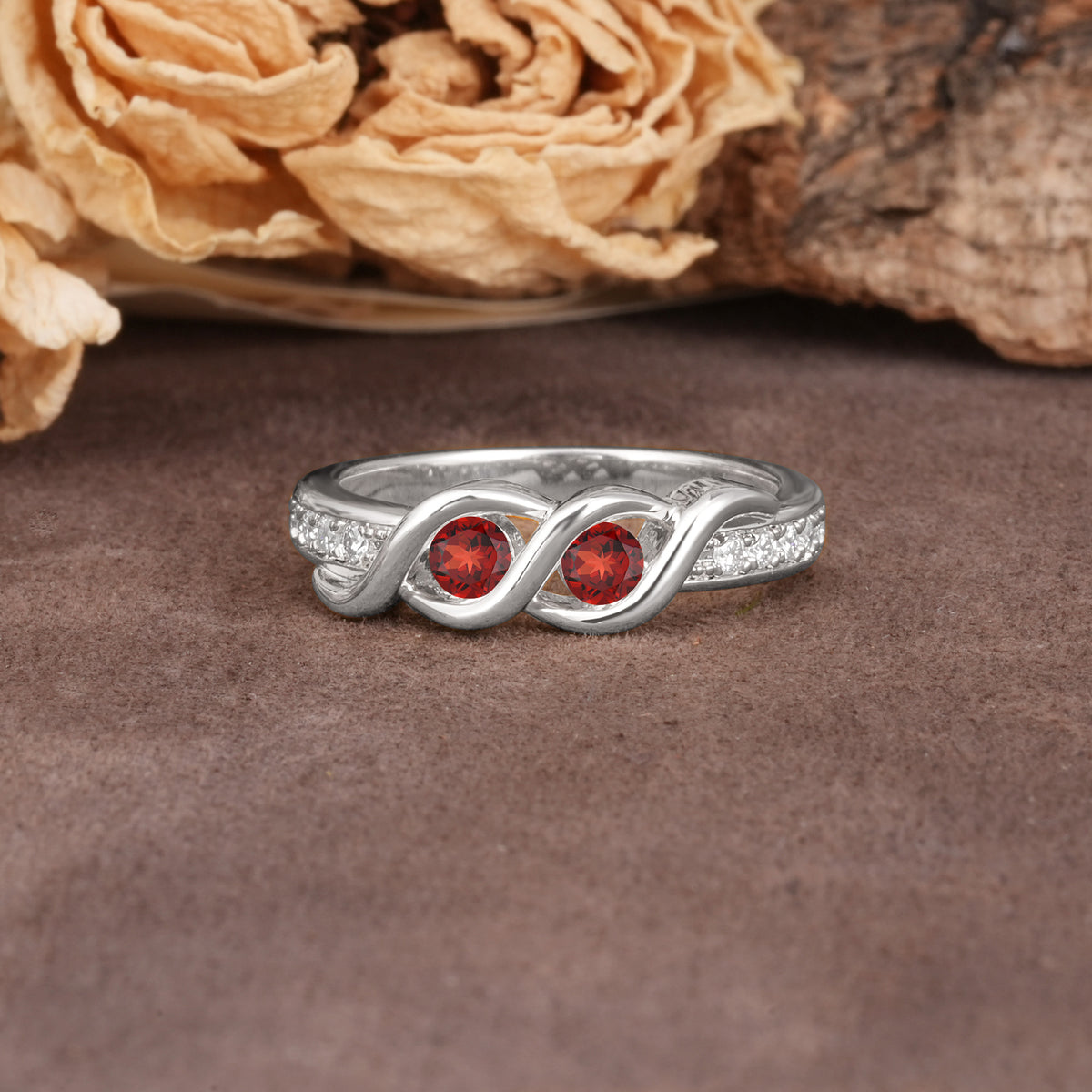 Unique Twisted and Intertwined Double Round Cut Garnet Two-Stone Wedding Ring - Additional view