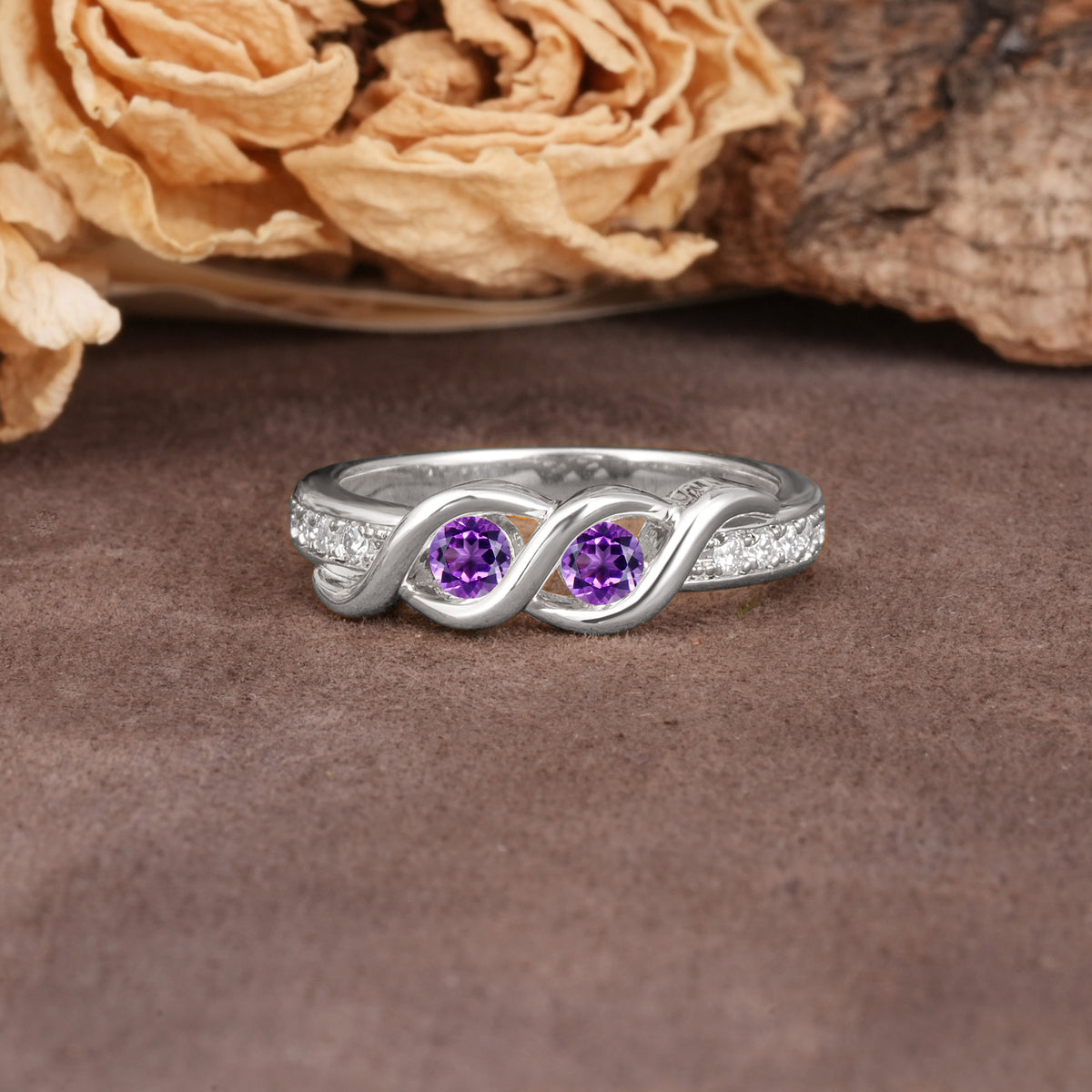 Unique Twisted and Intertwined Double Round Cut Amethyst Two-Stone Wedding Ring - Additional view