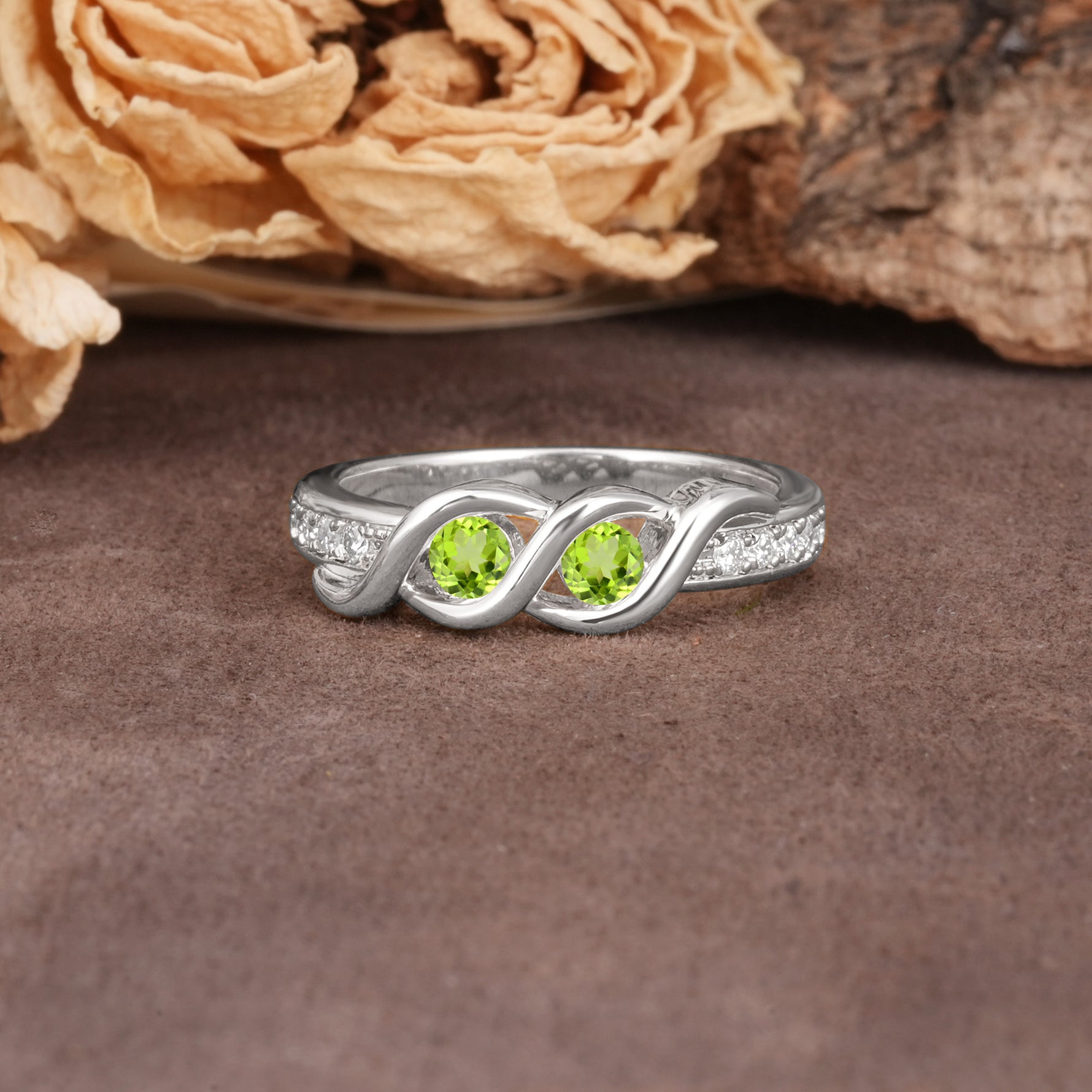 Unique Twisted and Intertwined Double Round Cut Peridot Two-Stone Wedding Ring - Additional view