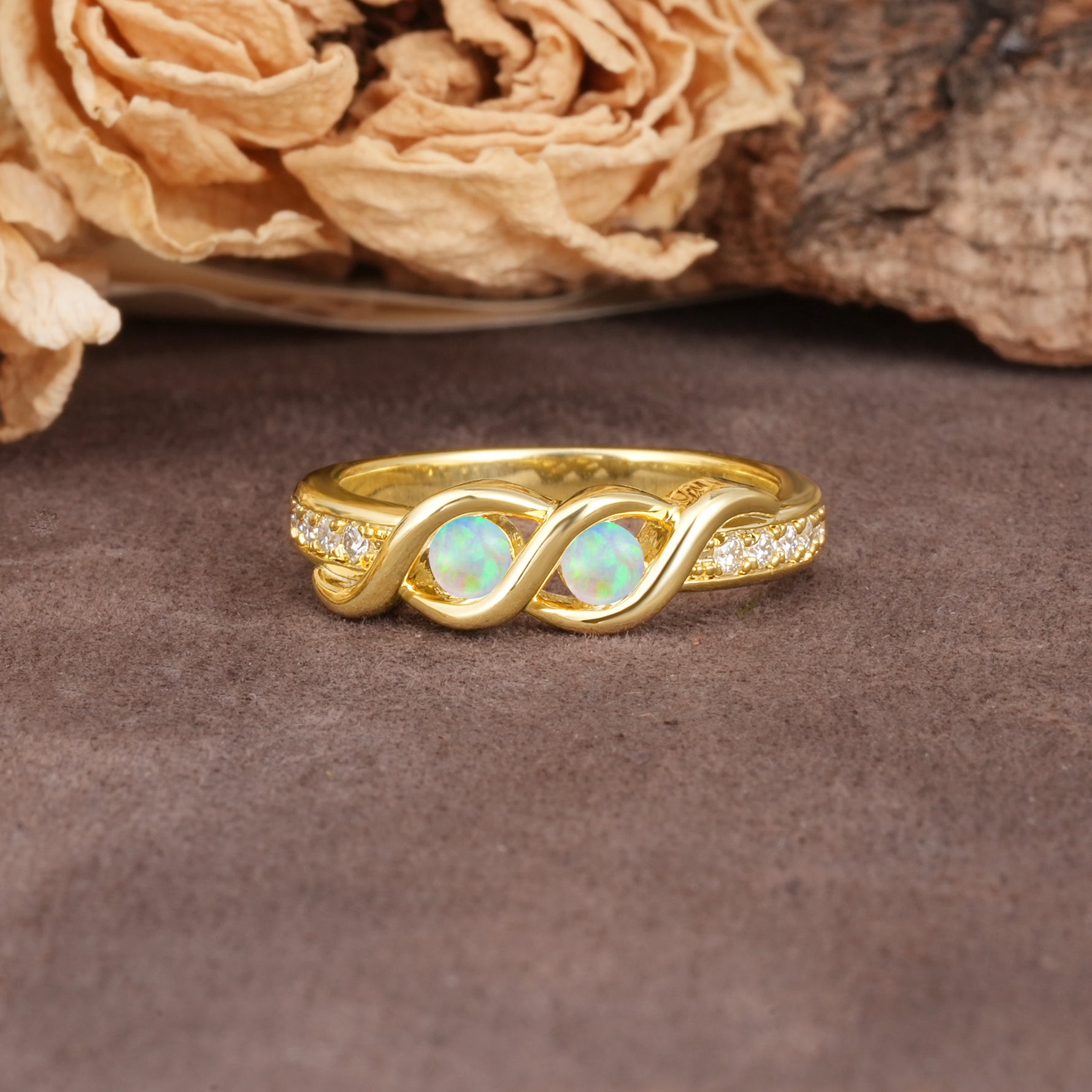Unique Twisted and Intertwined Double Round Cut Fire Opal Two-Stone Wedding Ring - Additional view