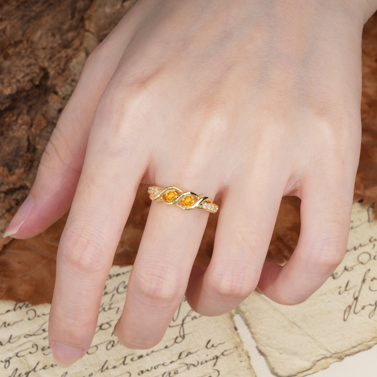 Unique Twisted and Intertwined Double Round Cut Citrine Two-Stone Wedding Ring - Additional view