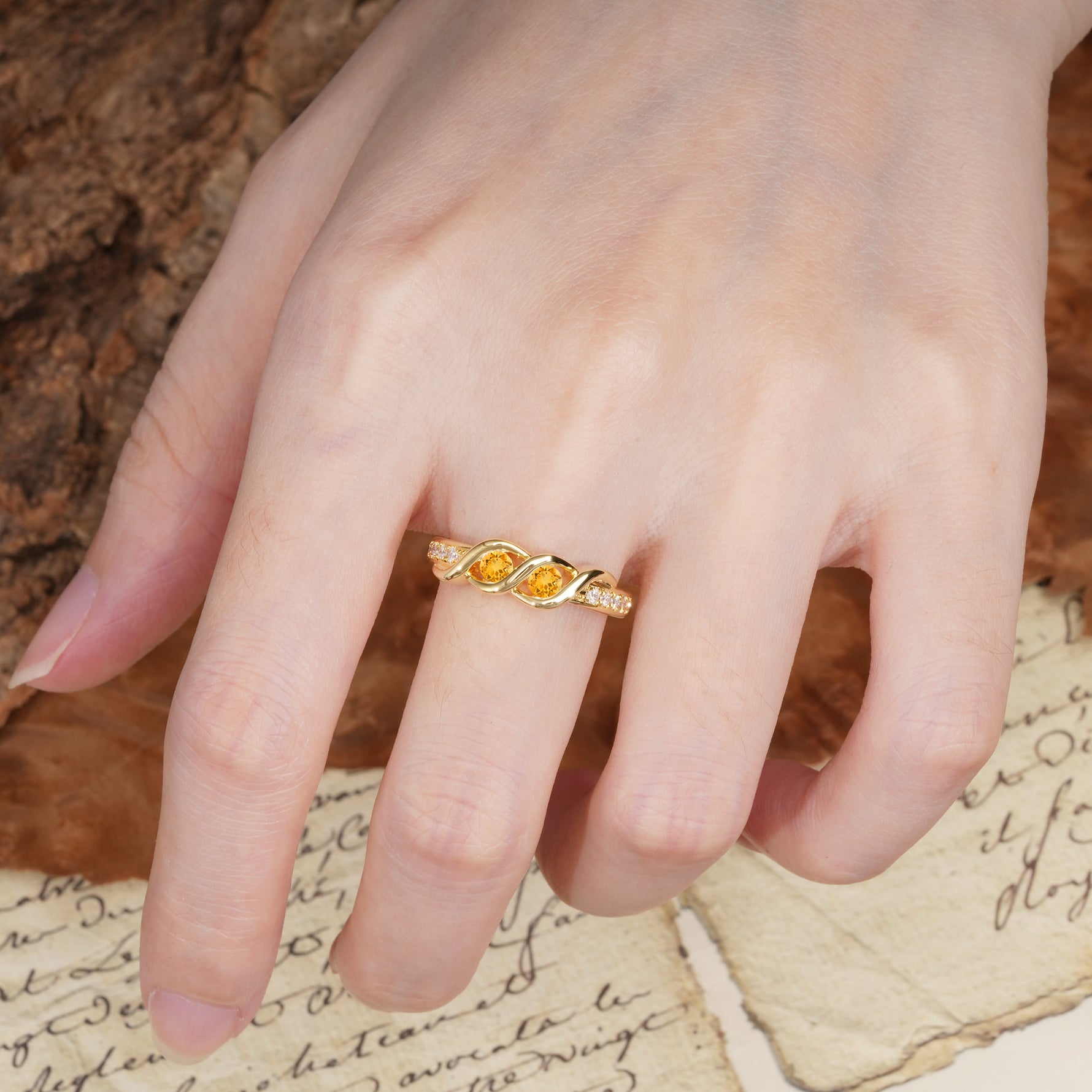 Unique Twisted and Intertwined Double Round Cut Citrine Two-Stone Wedding Ring - Additional view