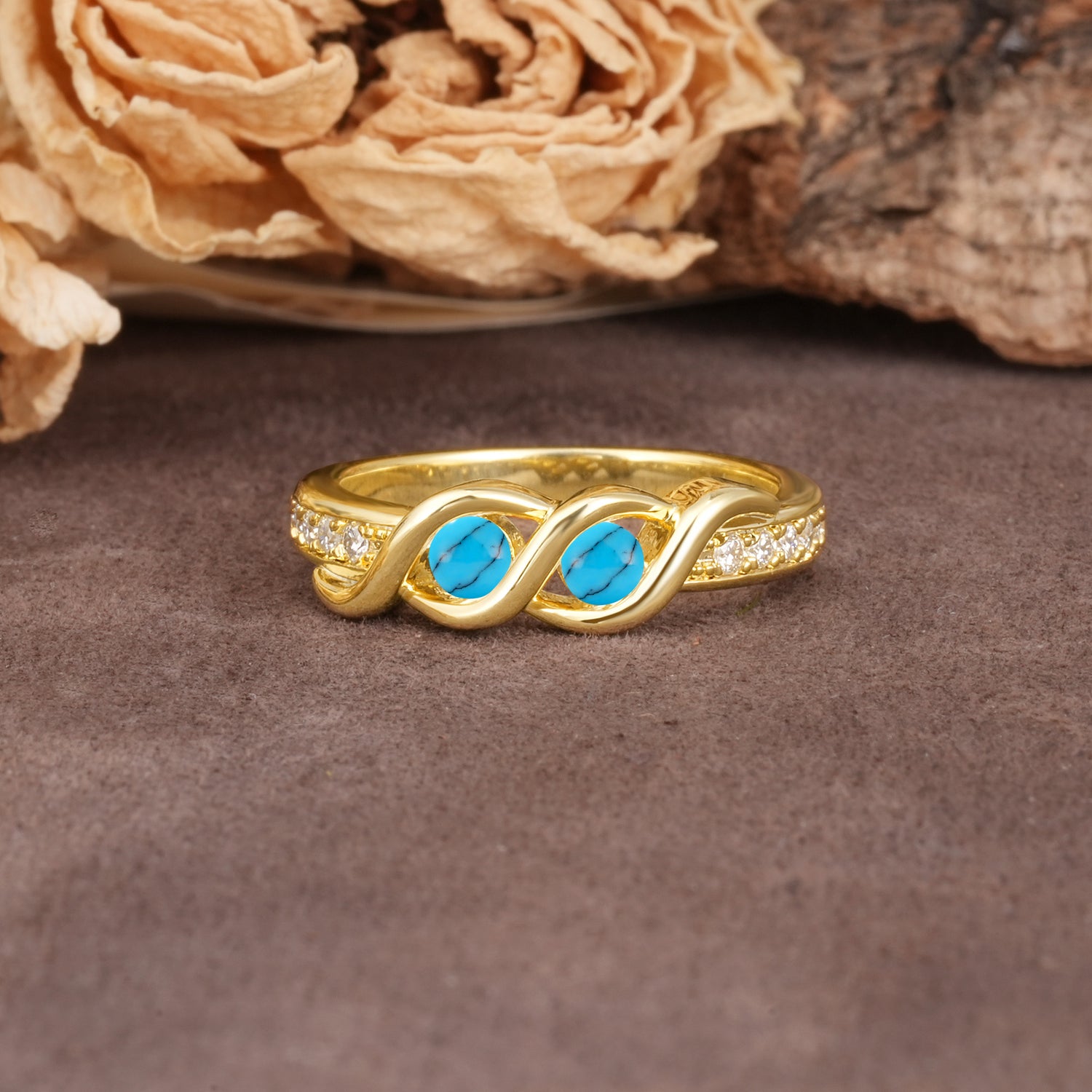 Unique Twisted and Intertwined Double Round Cut Turquoise Two-Stone Wedding Ring - Additional view