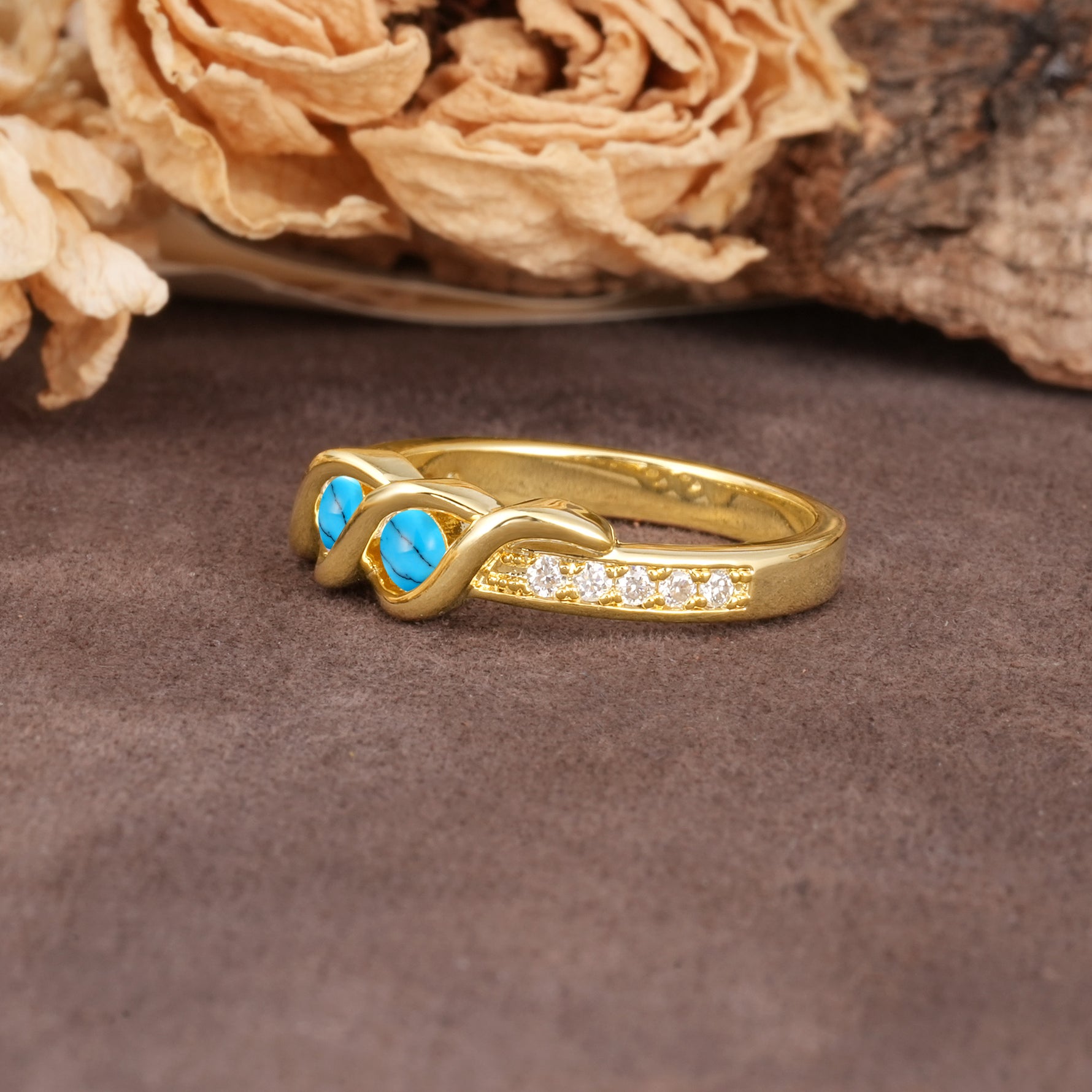 Unique Twisted and Intertwined Double Round Cut Turquoise Two-Stone Wedding Ring - Additional view
