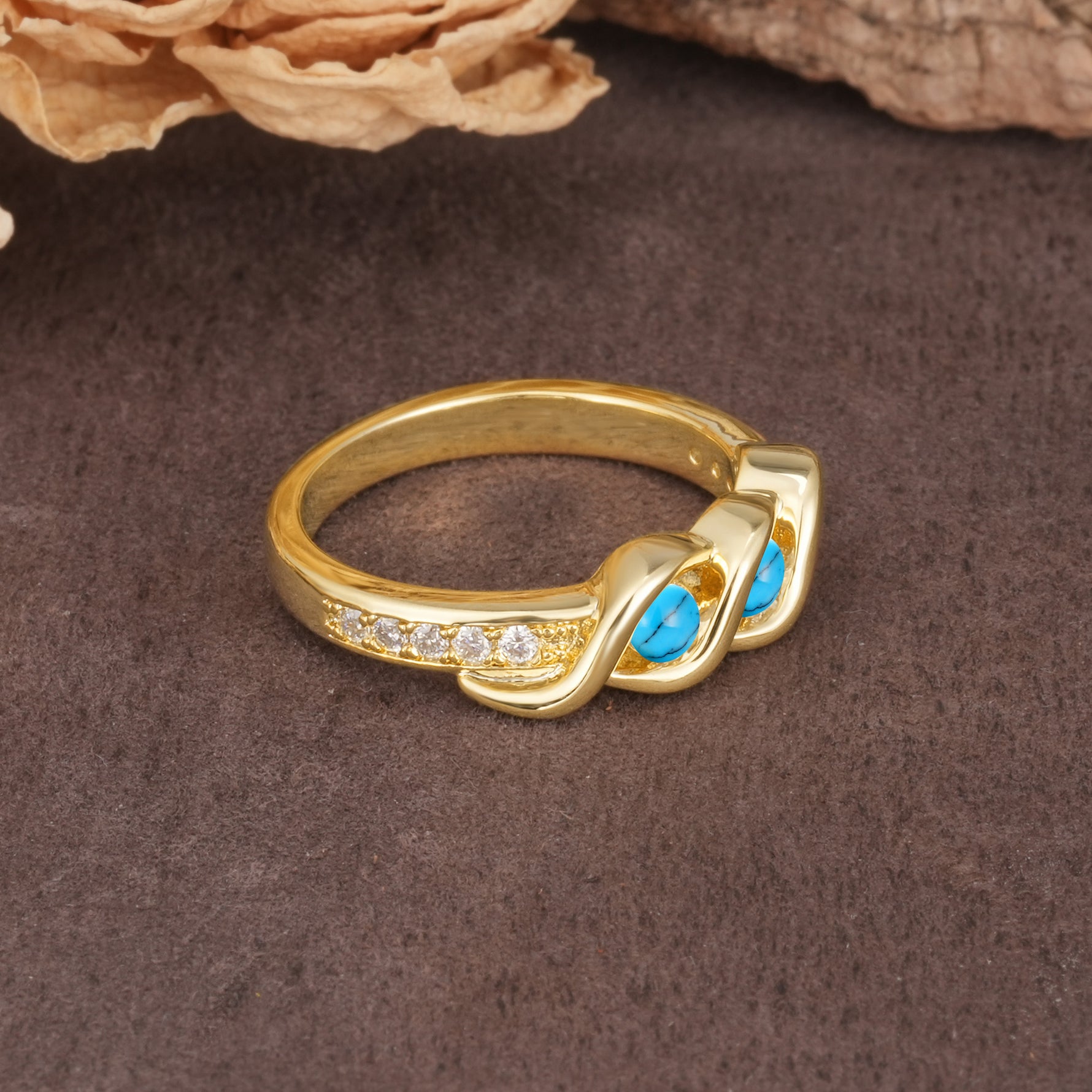 Unique Twisted and Intertwined Double Round Cut Turquoise Two-Stone Wedding Ring - Additional view