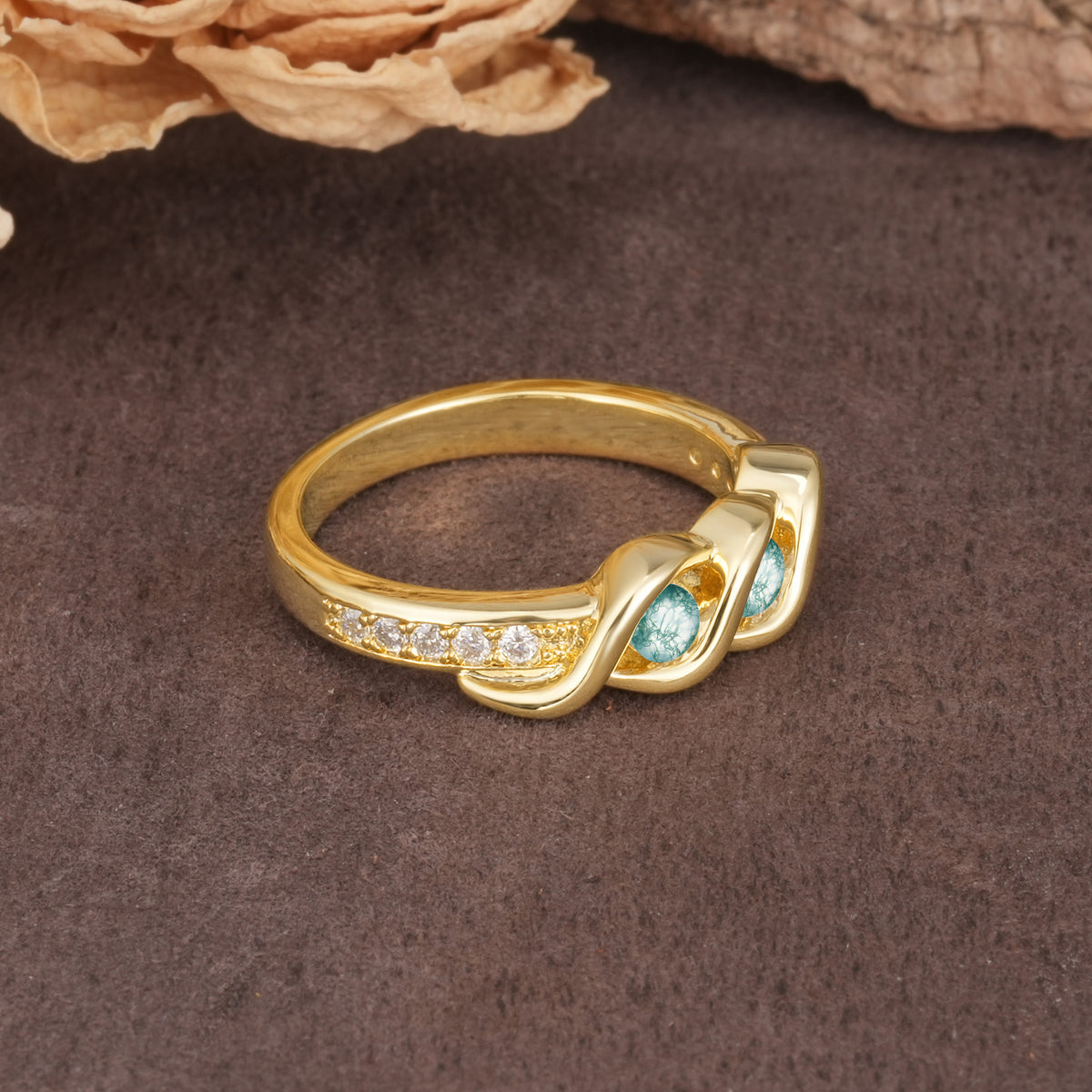 Unique Twisted and Intertwined Double Round Cut Moss Agate Two-Stone Wedding Ring - Additional view