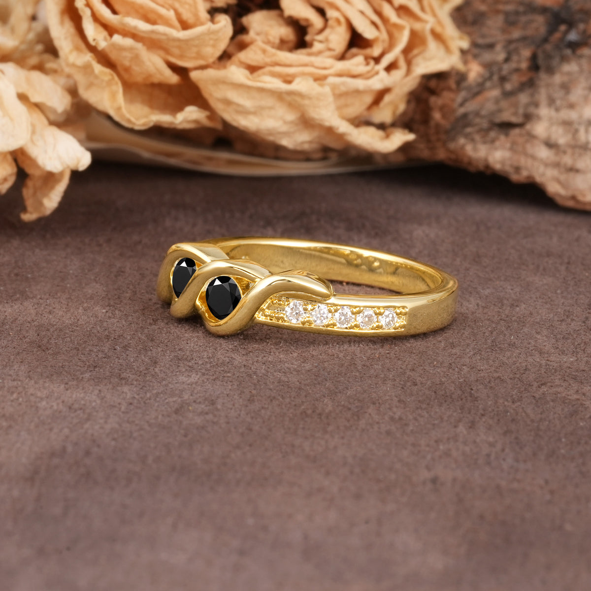 Unique Twisted and Intertwined Double Round Cut Black Onyx Two-Stone Wedding Ring - Additional view