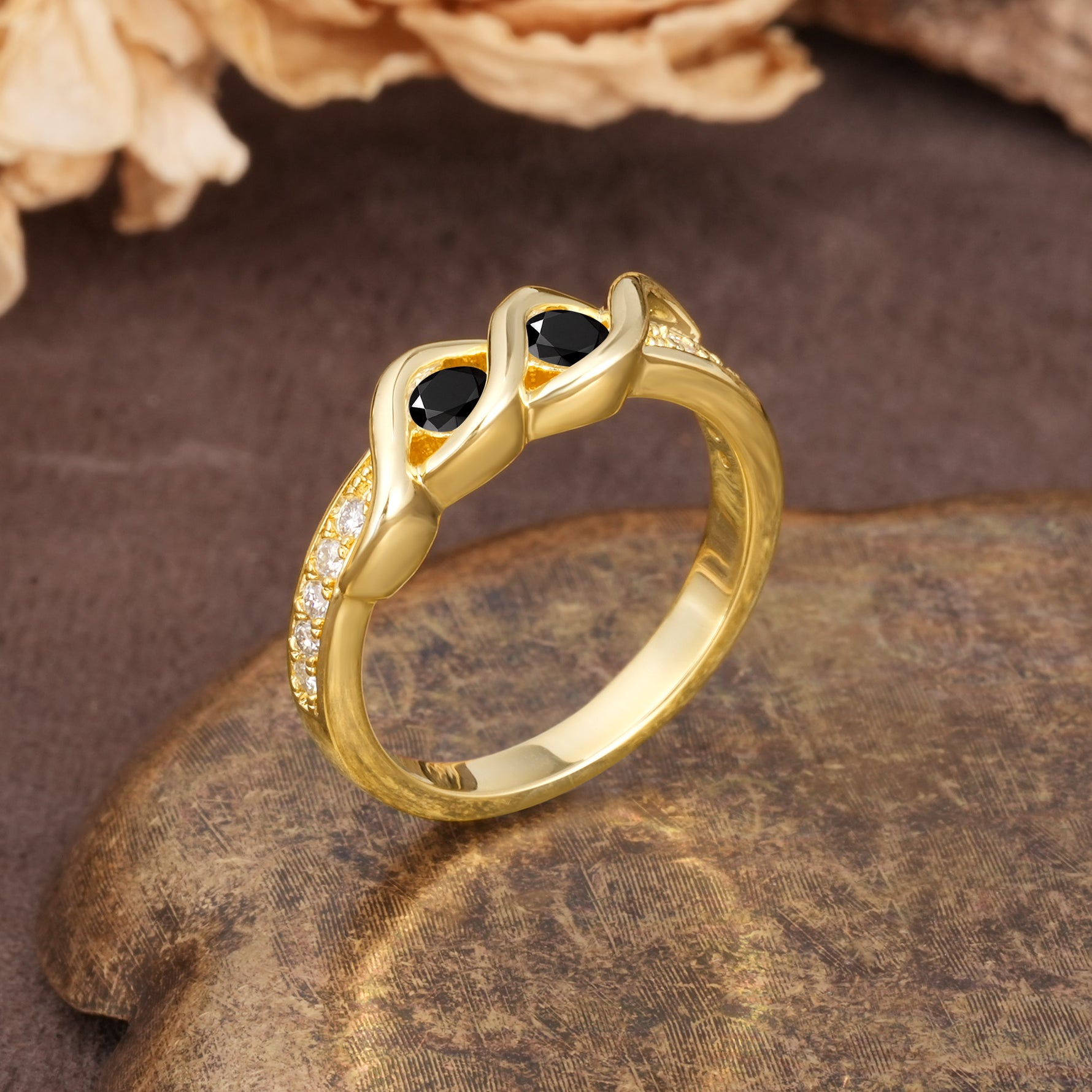 Unique Twisted and Intertwined Double Round Cut Black Onyx Two-Stone Wedding Ring - Additional view