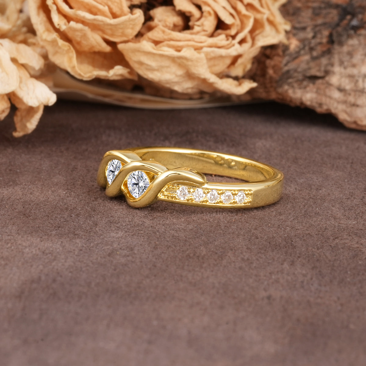 Unique Twisted and Intertwined Double Round Cut Lab Diamond Two-Stone Wedding Ring - Additional view