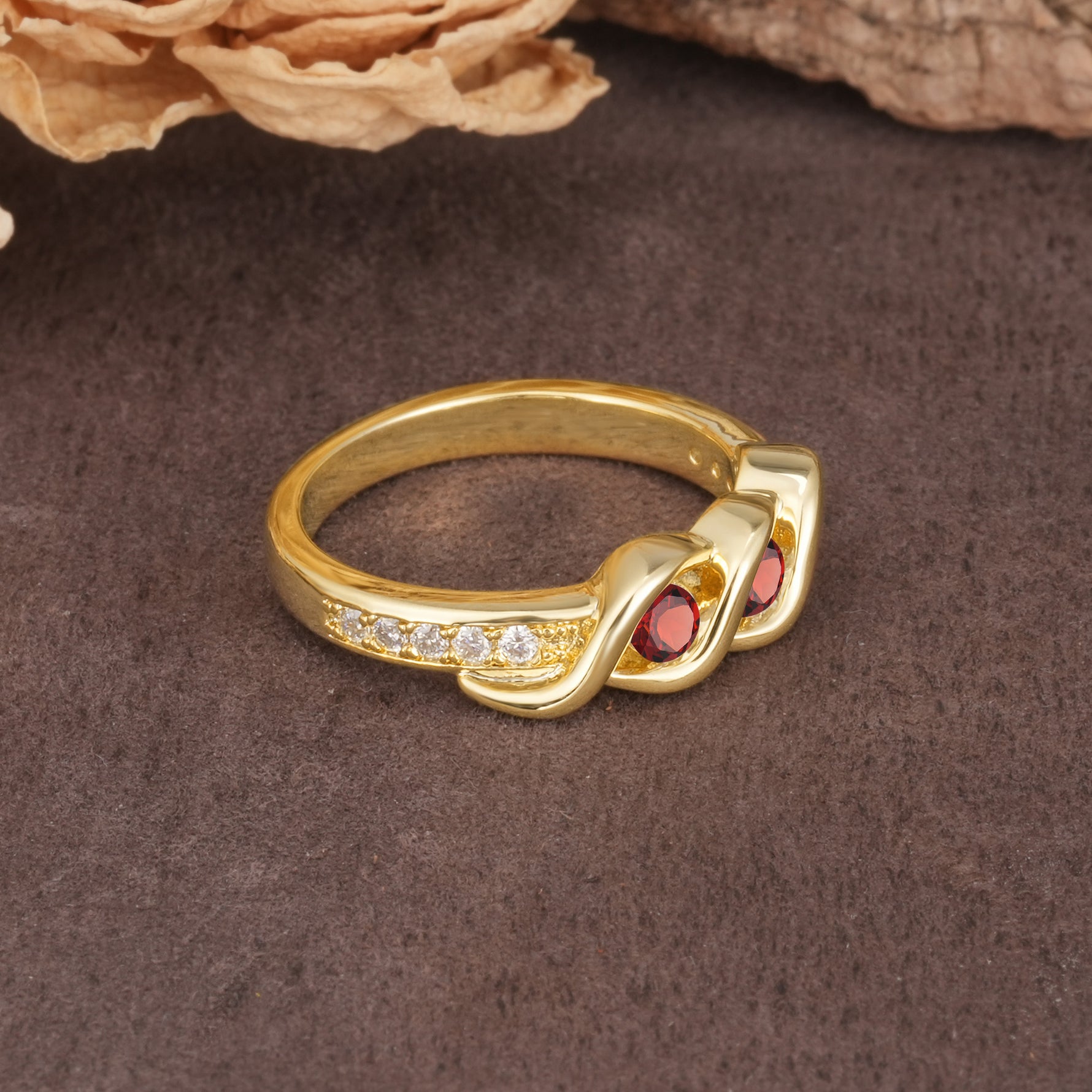Unique Twisted and Intertwined Double Round Cut Garnet Two-Stone Wedding Ring - Additional view