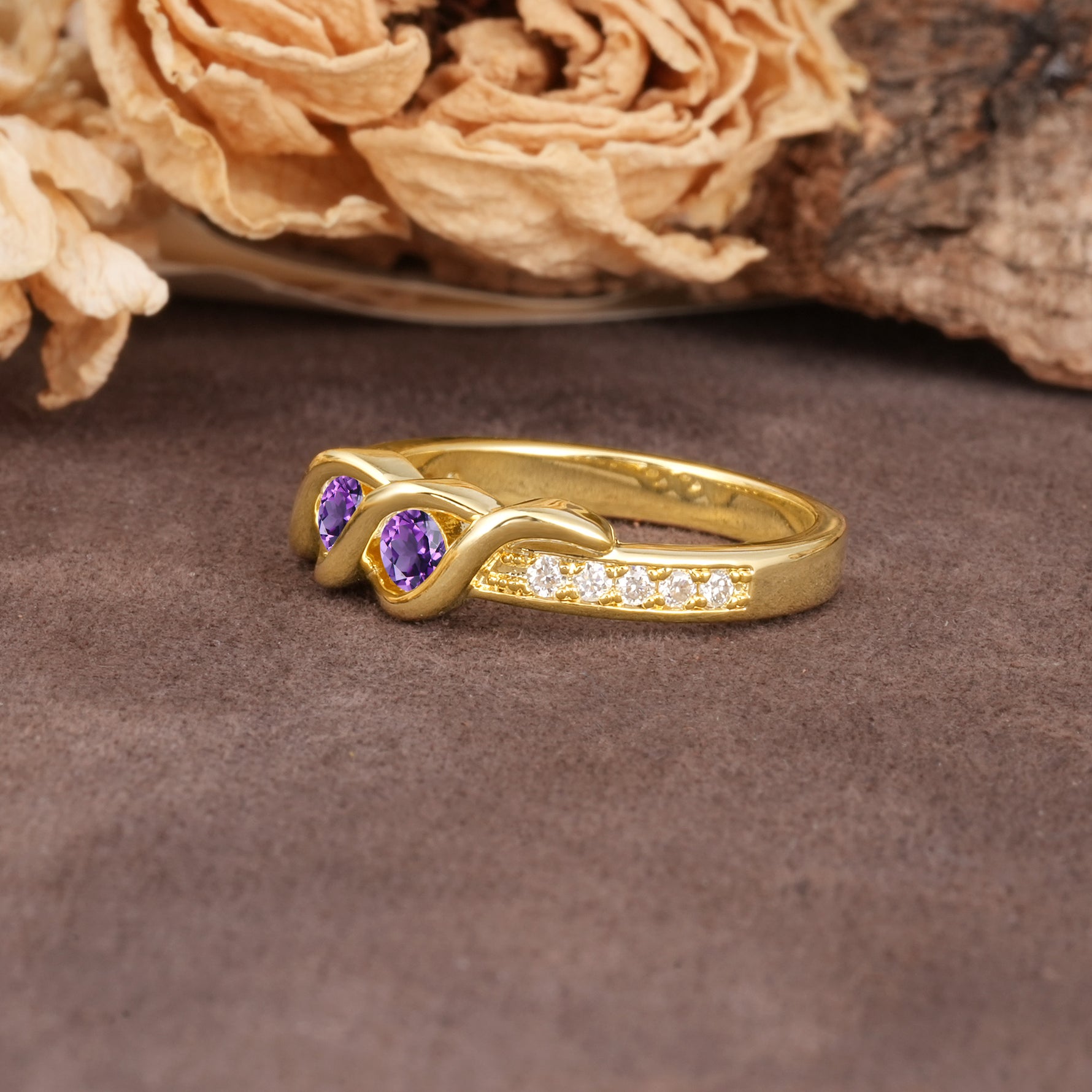 Unique Twisted and Intertwined Double Round Cut Amethyst Two-Stone Wedding Ring - Additional view