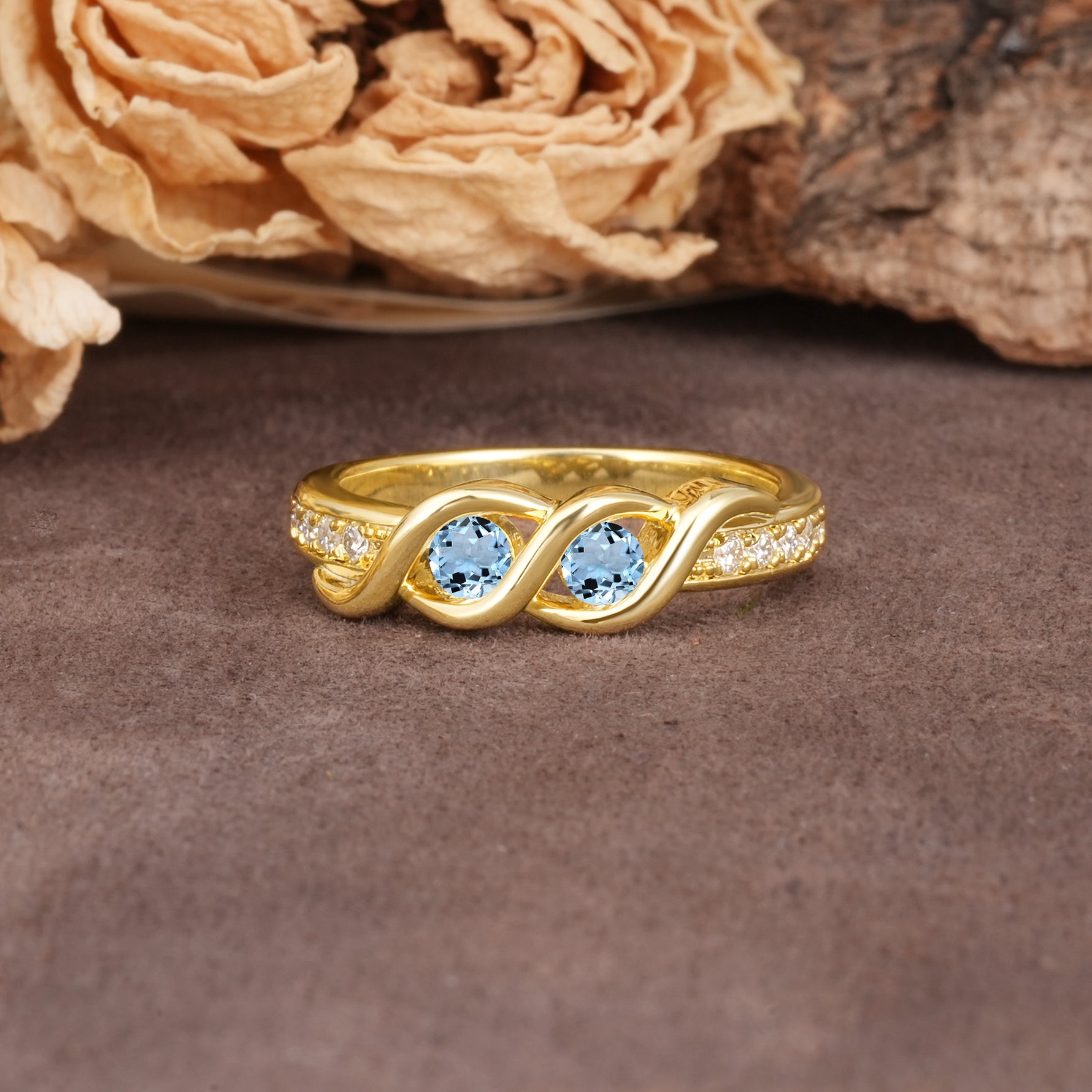 Unique Twisted and Intertwined Double Round Cut Aquamarine Two-Stone Wedding Ring - Additional view