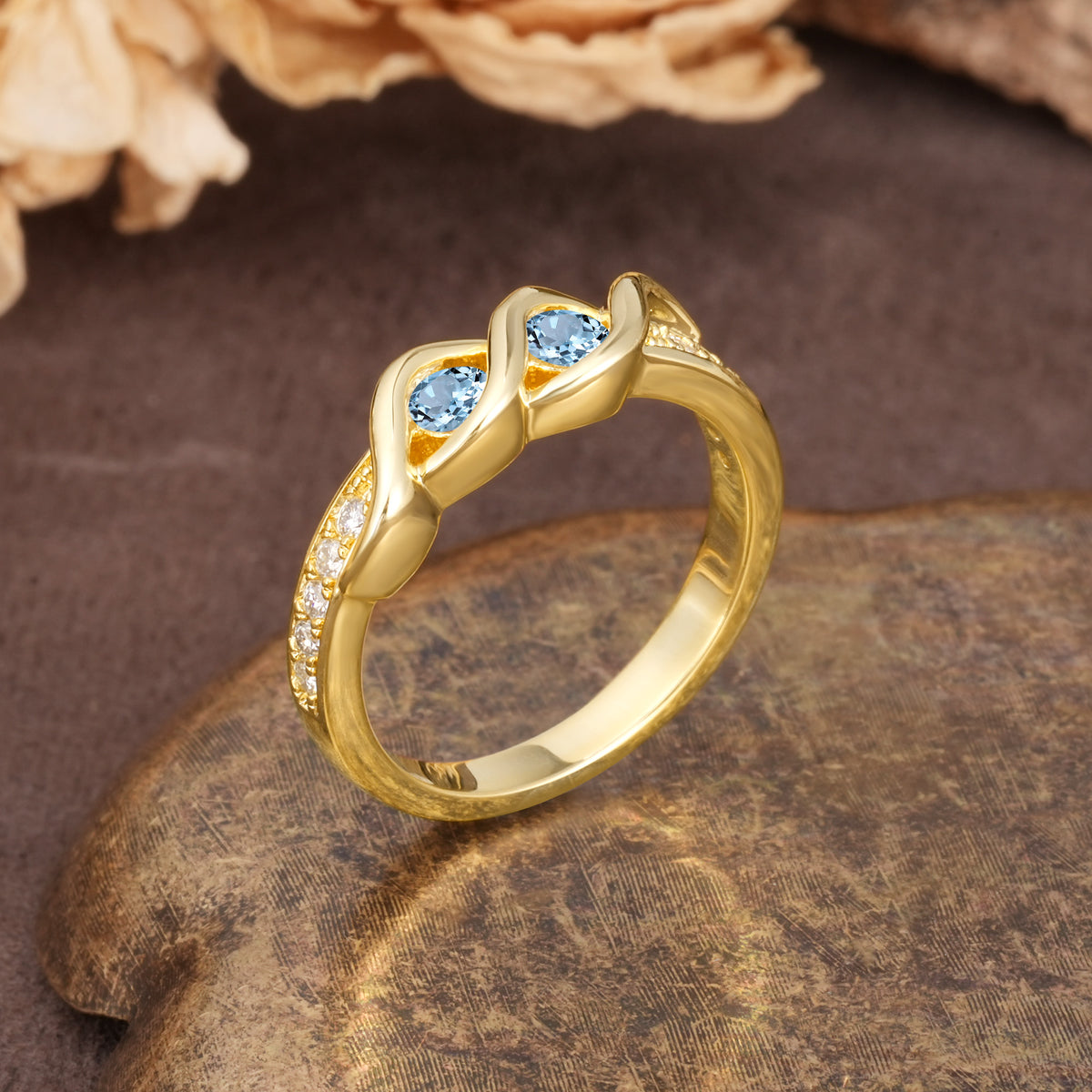 Unique Twisted and Intertwined Double Round Cut Aquamarine Two-Stone Wedding Ring - Additional view