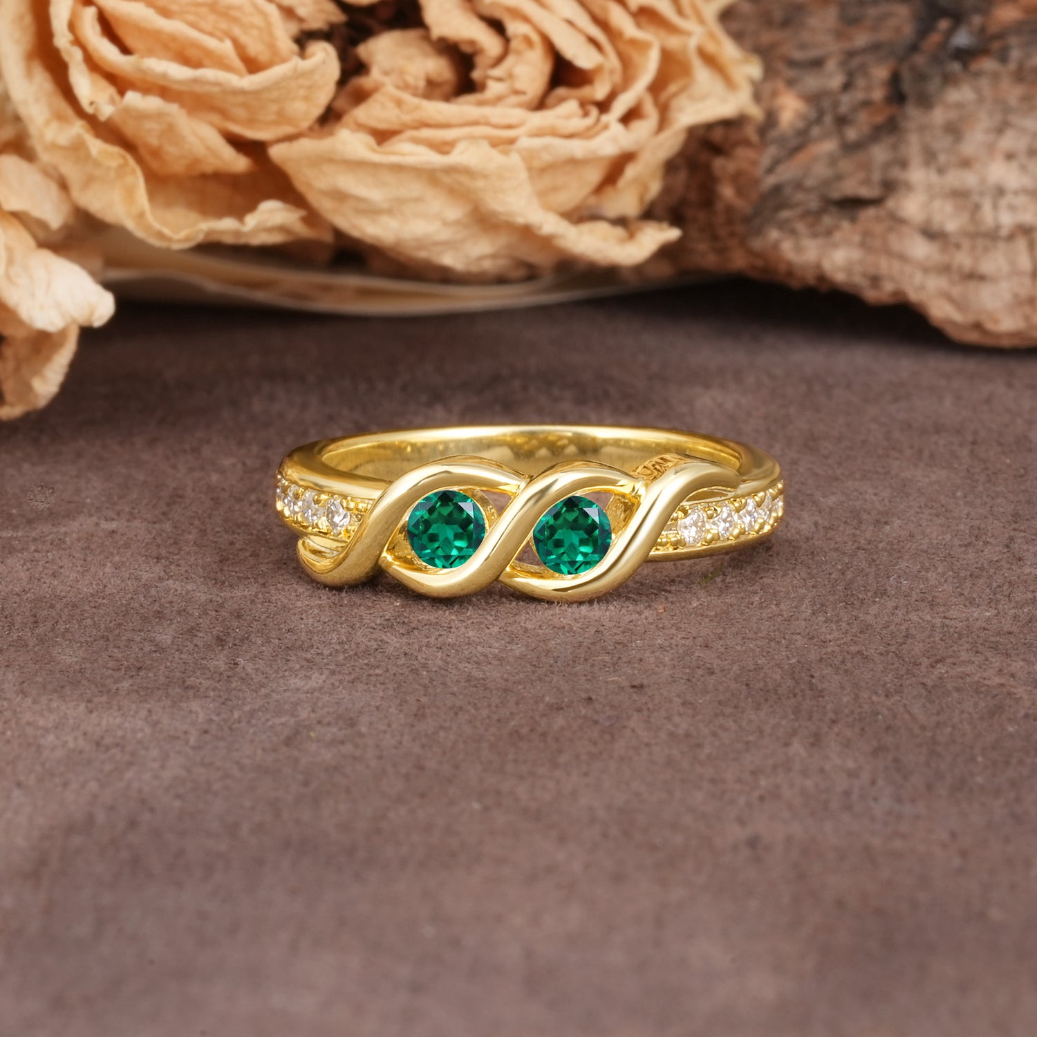 Unique Twisted and Intertwined Double Round Cut Emerald Two-Stone Wedding Ring - Additional view