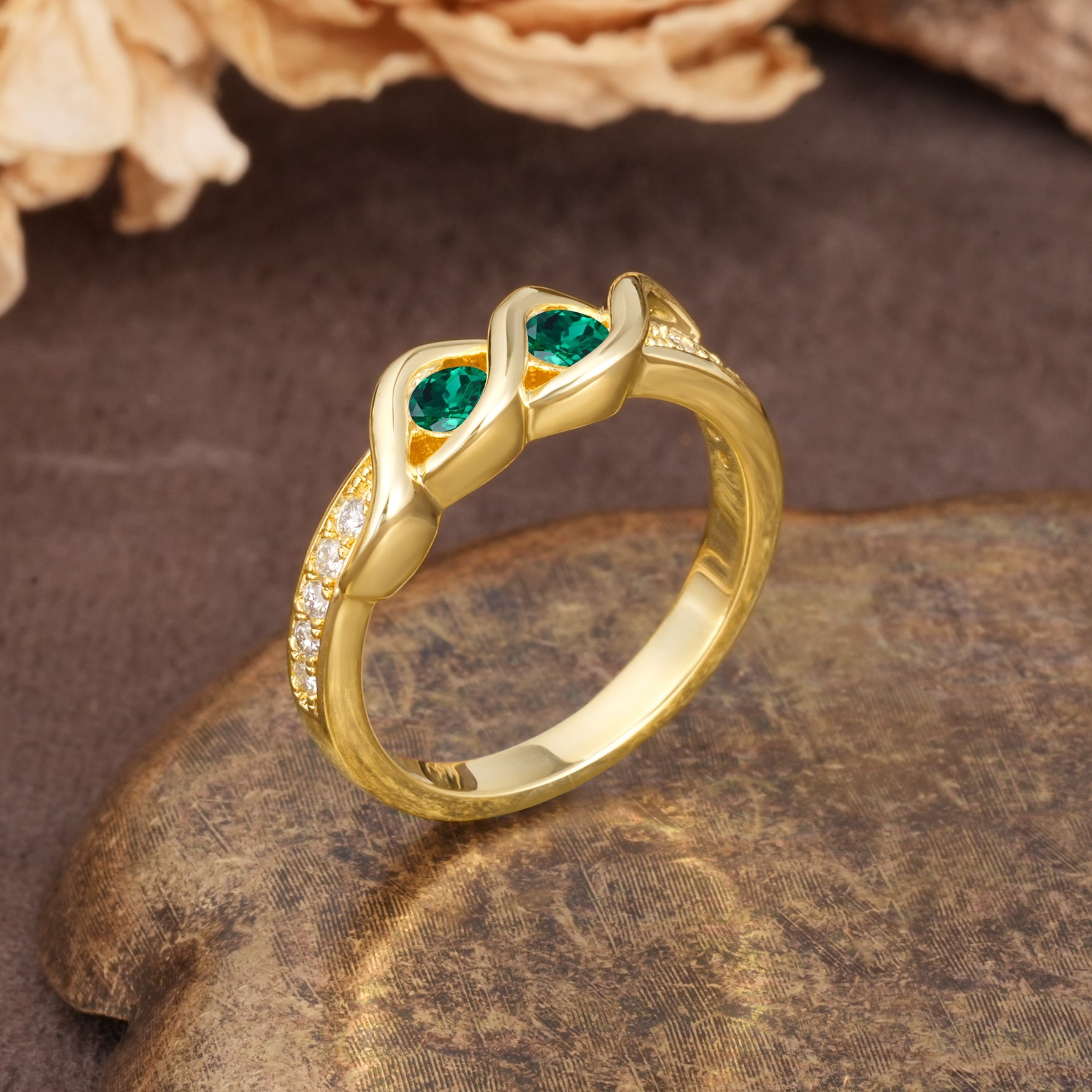 Unique Twisted and Intertwined Double Round Cut Emerald Two-Stone Wedding Ring - Additional view