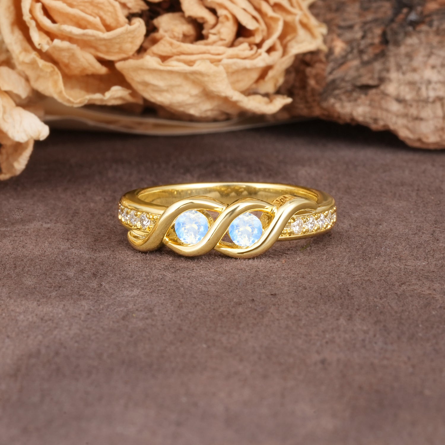 Unique Twisted and Intertwined Double Round Cut Moonstone Two-Stone Wedding Ring - Additional view