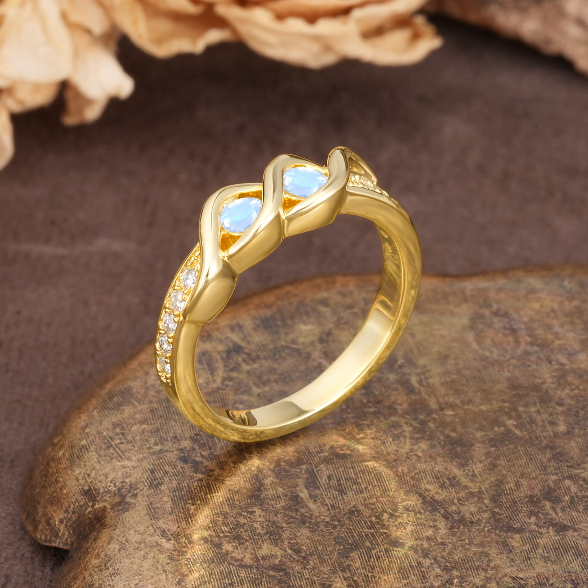 Unique Twisted and Intertwined Double Round Cut Moonstone Two-Stone Wedding Ring - Additional view