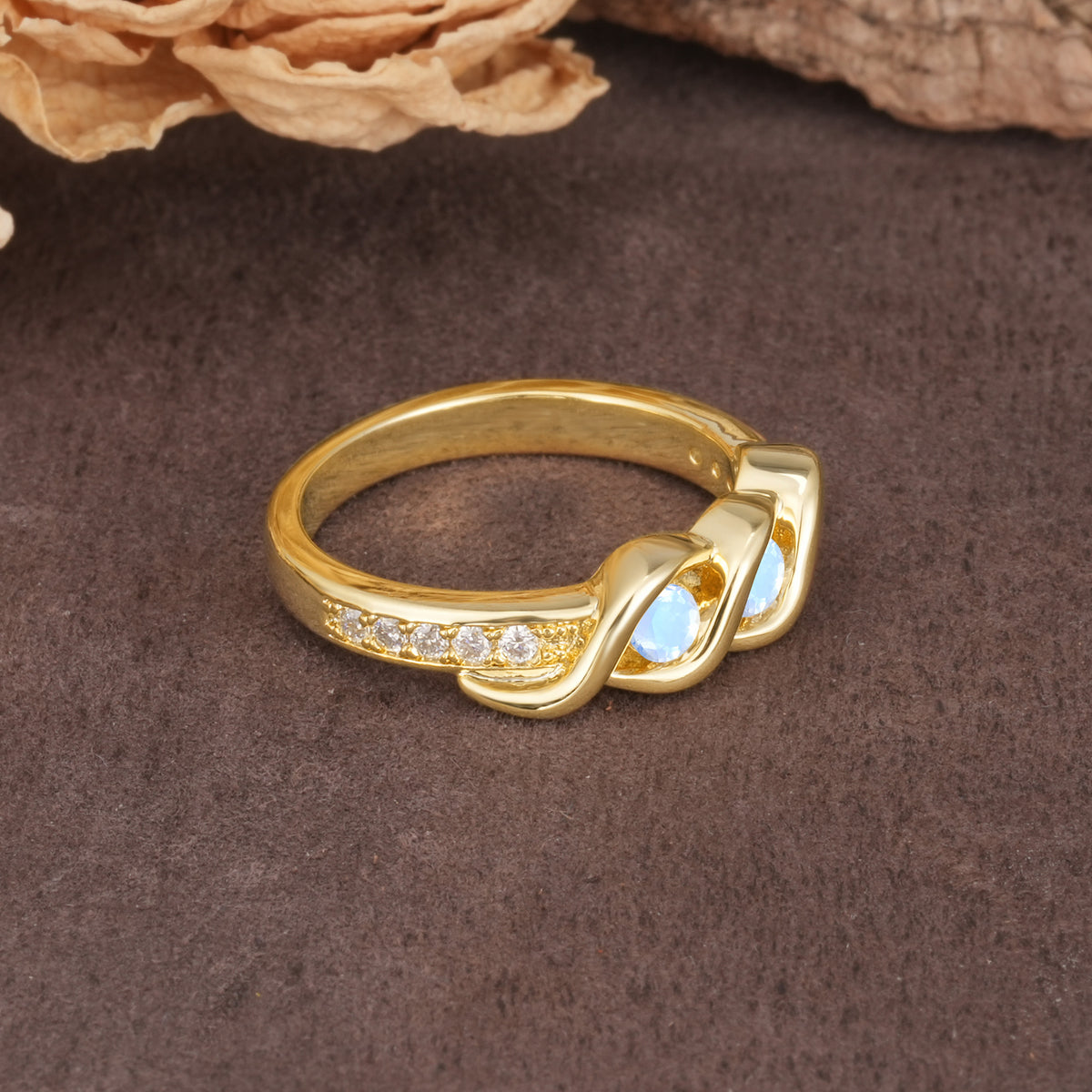 Unique Twisted and Intertwined Double Round Cut Moonstone Two-Stone Wedding Ring - Additional view