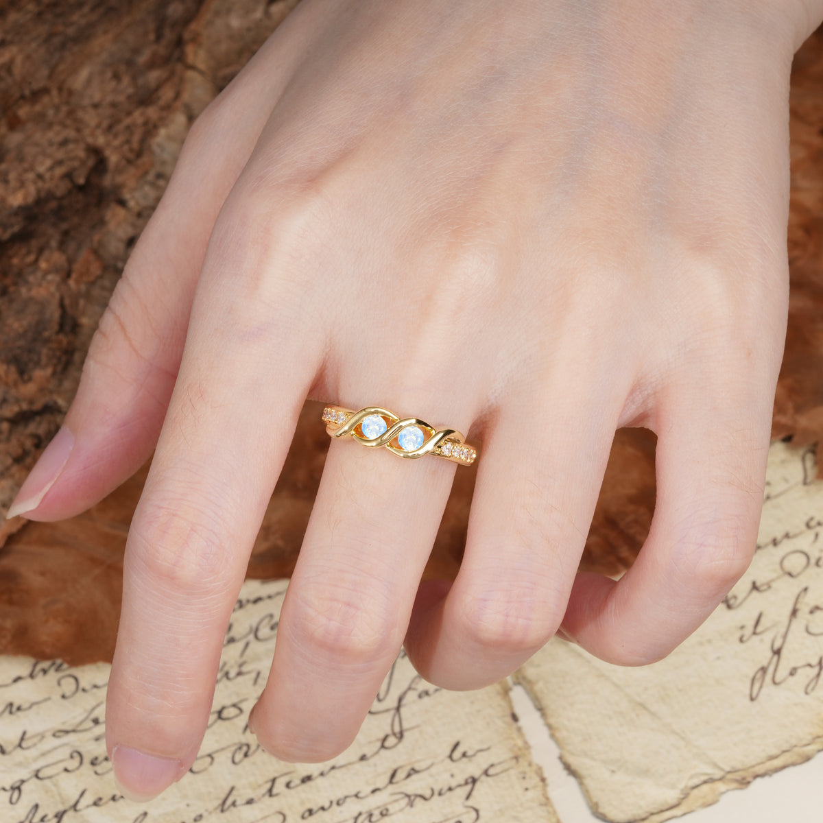 Unique Twisted and Intertwined Double Round Cut Moonstone Two-Stone Wedding Ring - Additional view