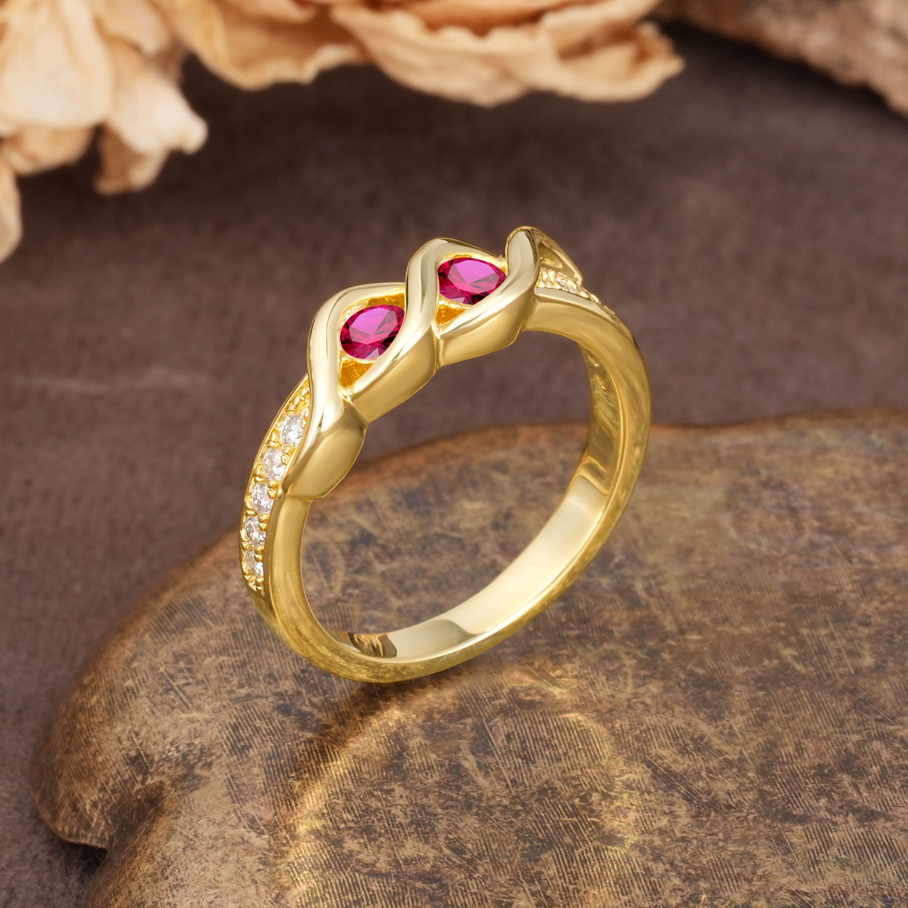 Unique Twisted and Intertwined Double Round Cut Ruby Two-Stone Wedding Ring - Additional view